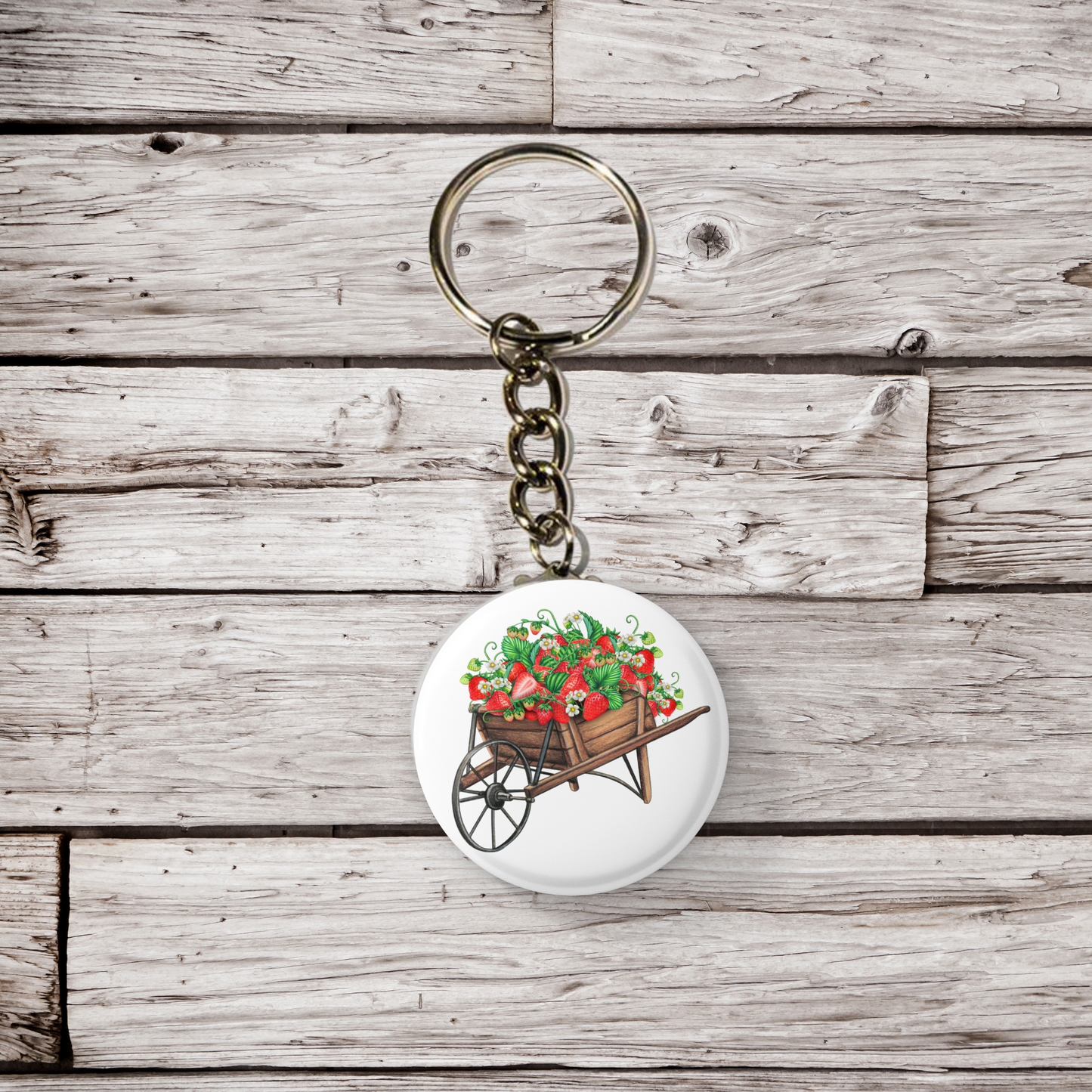 Strawberry Wheelbarrow Pin Back Button, Magnet, Keychain