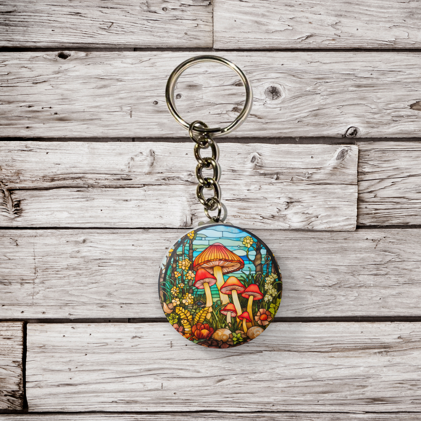 Stained Glass Mushroom Pin Back Button, Magnet, Keychain