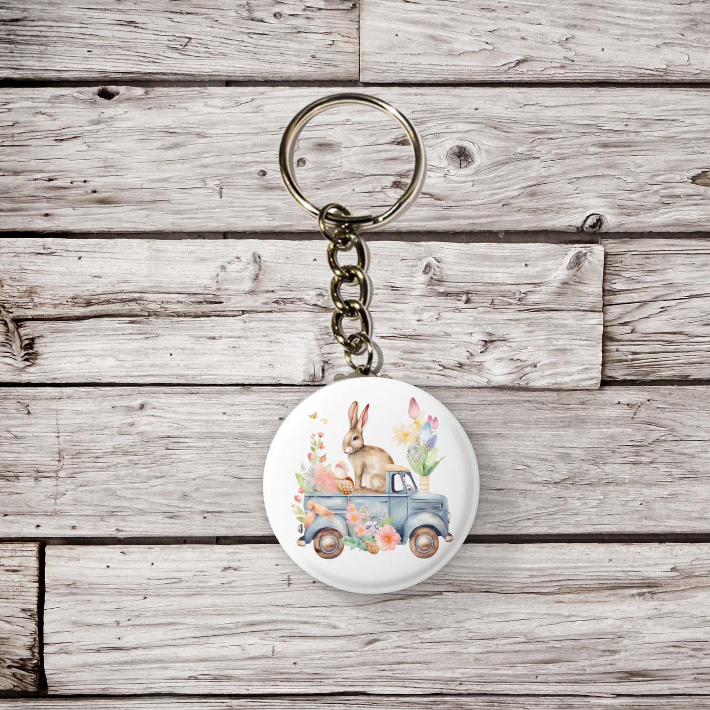 Easter Bunny Truck Pin Back Button, Magnet, Keychain