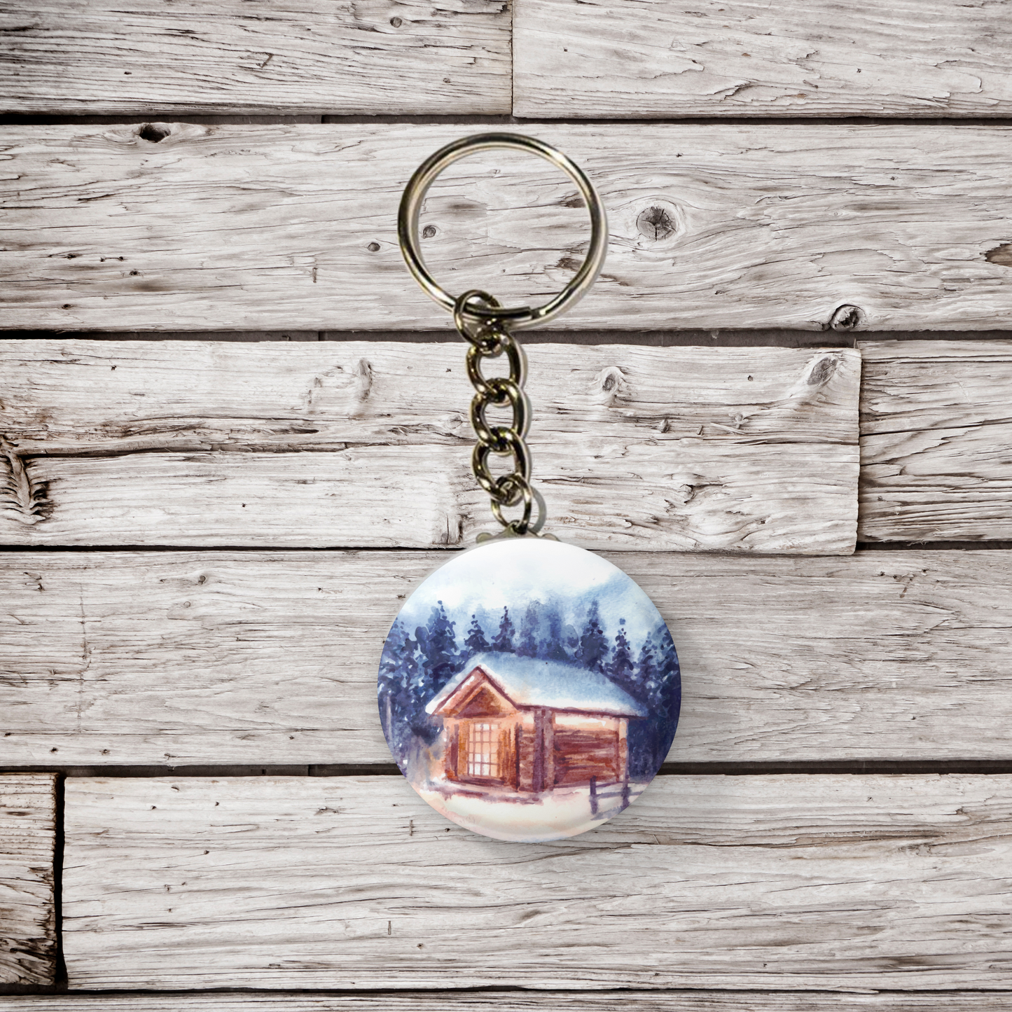 Winter Cabin Pin Back Button, Magnet, Keychain