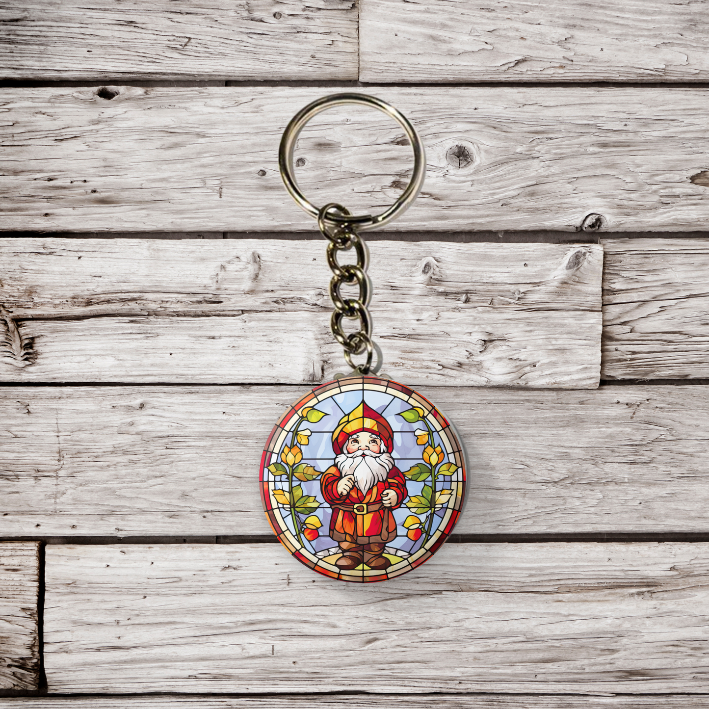 Stained Glass Gnome Pin Back Button, Magnet, Keychain