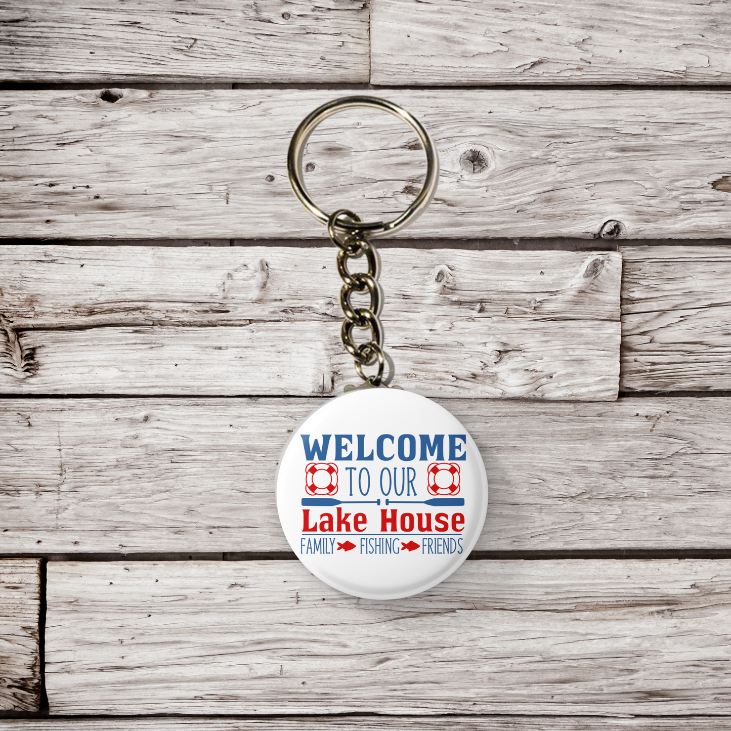 Welcome To Our Lake House Pin Back Button, Magnet, Keychain