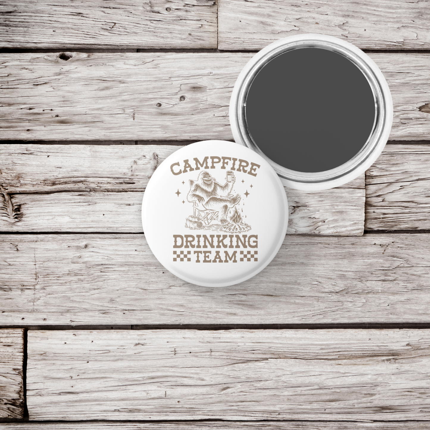 Campfire Drinking Team Bigfoot Pin Back Button, Magnet