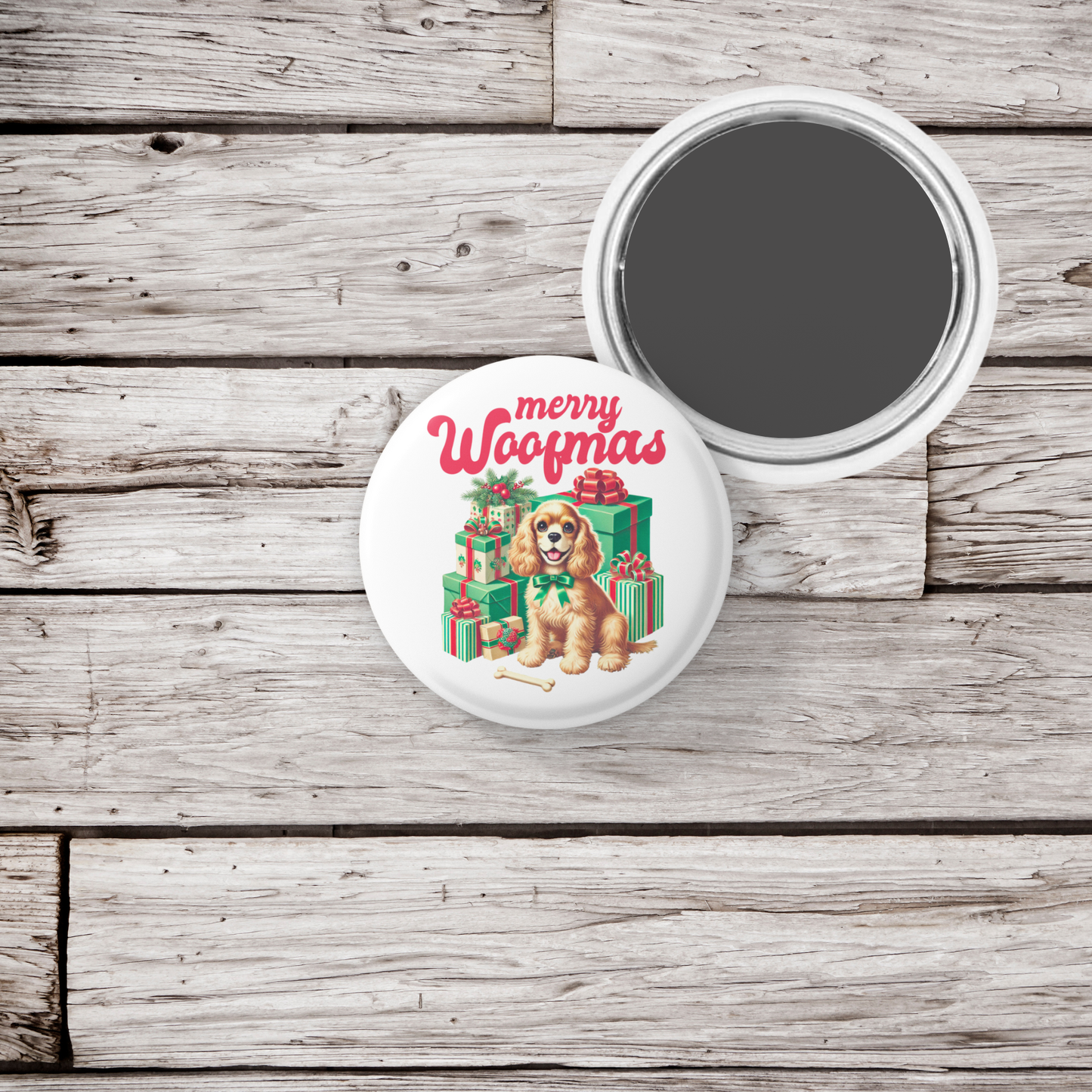 Merry Woofmas Pin Back Button, Magnet