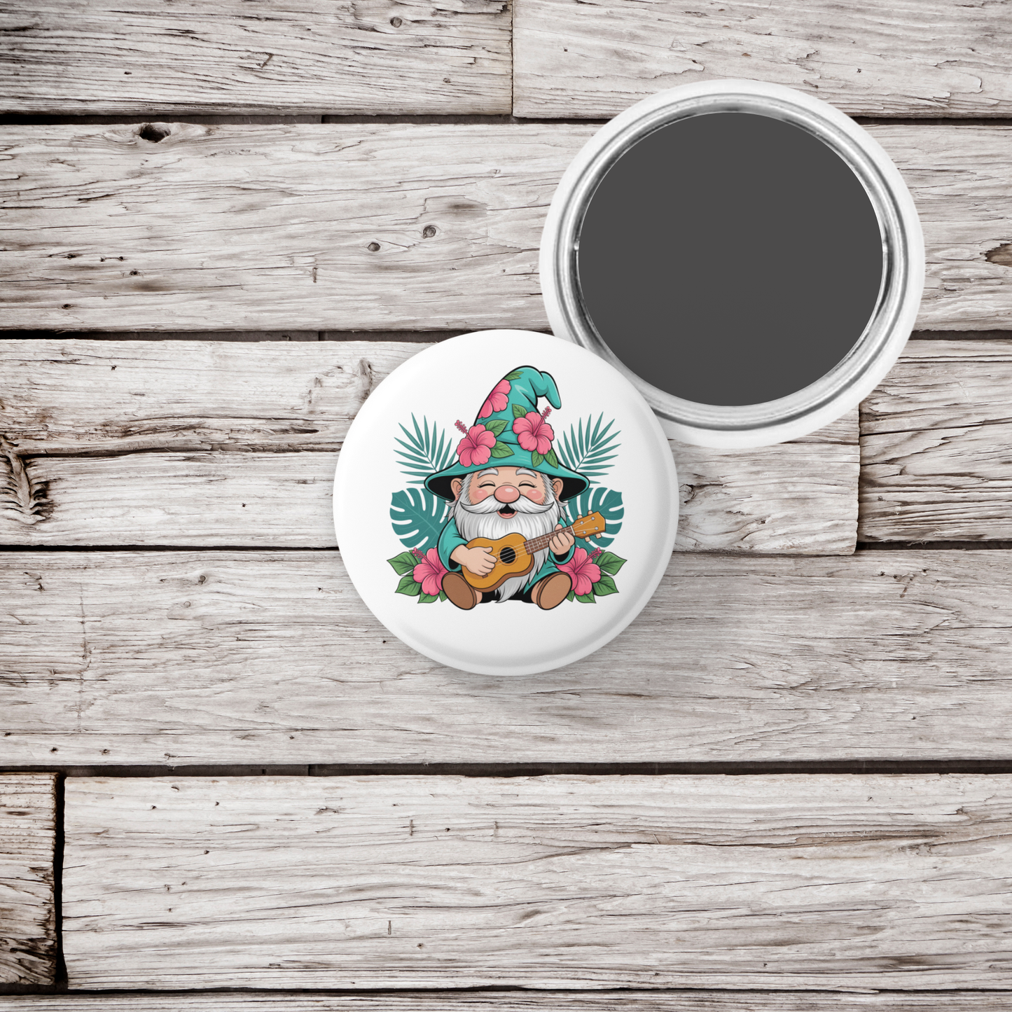 Tropical Beach Gnome Pin Back Button, Magnet