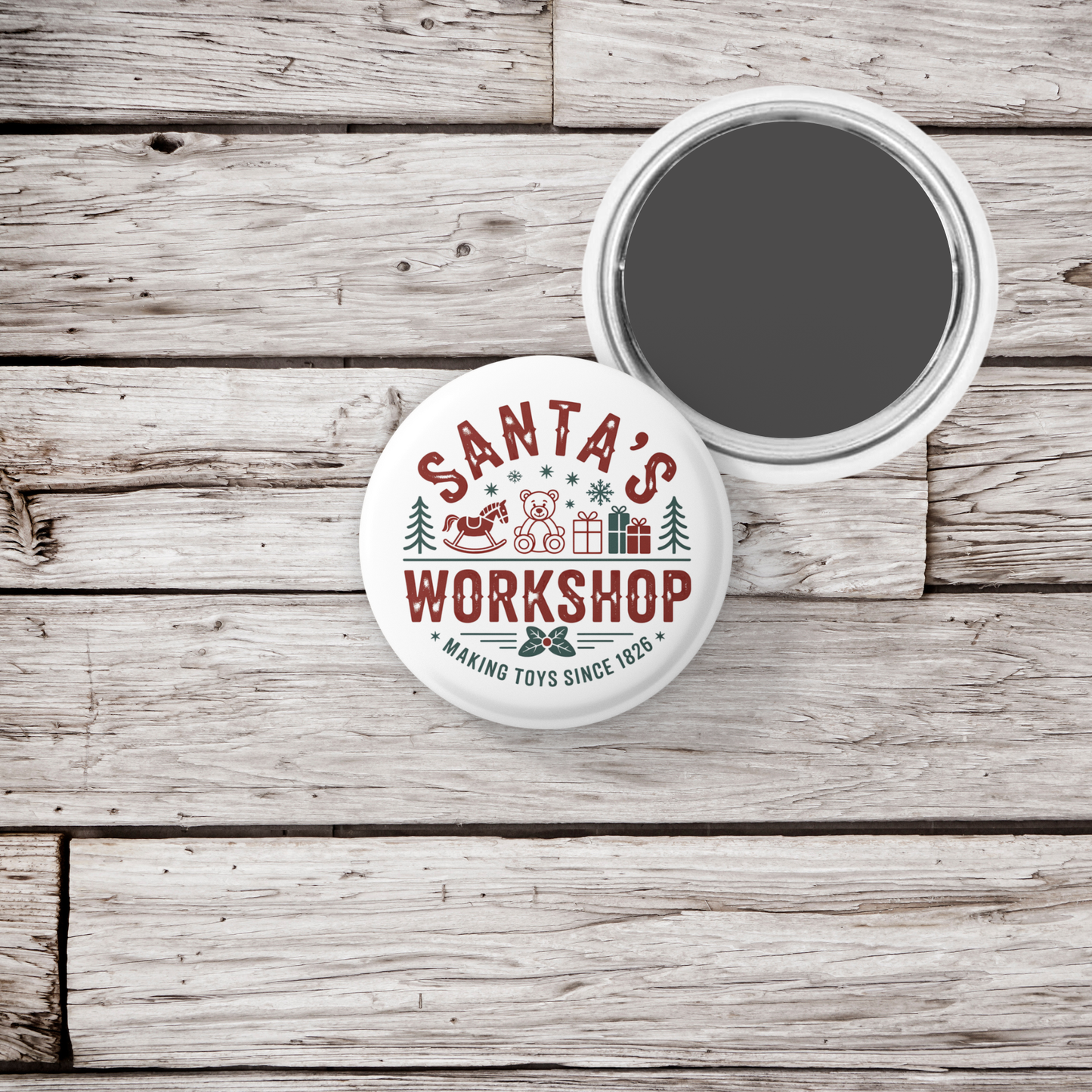 Santa's Workshop Pin Back Button, Magnet