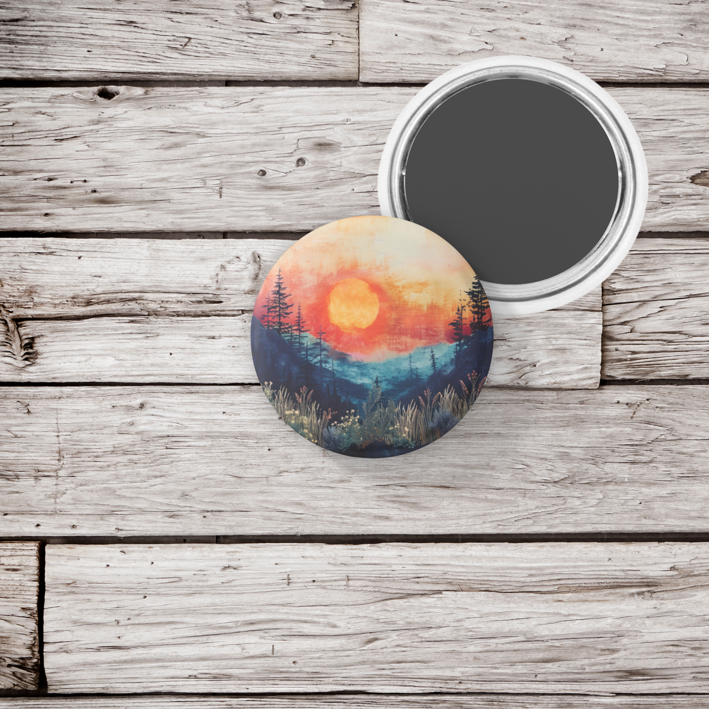 Sunset Forest Pin Back Button, Magnet