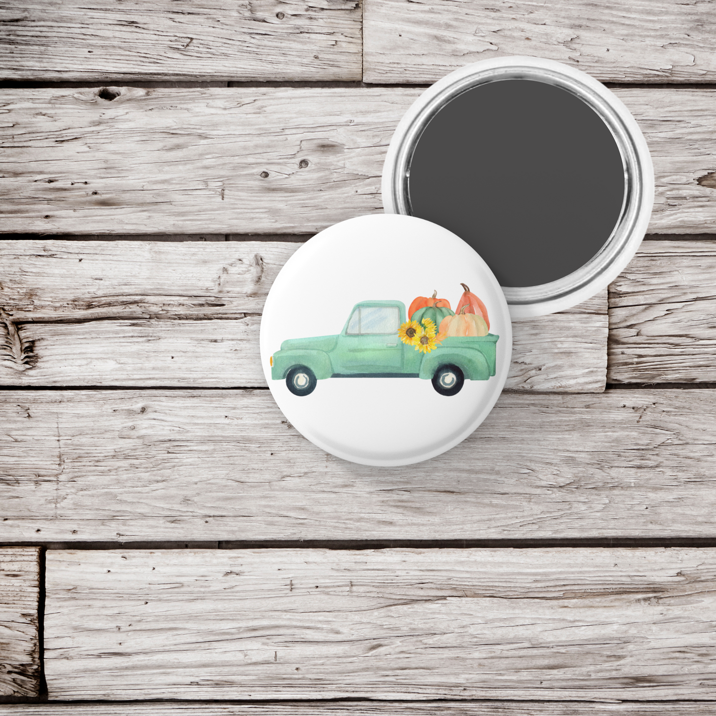 Fall Harvest Truck Pin Back Button, Magnet, Keychain