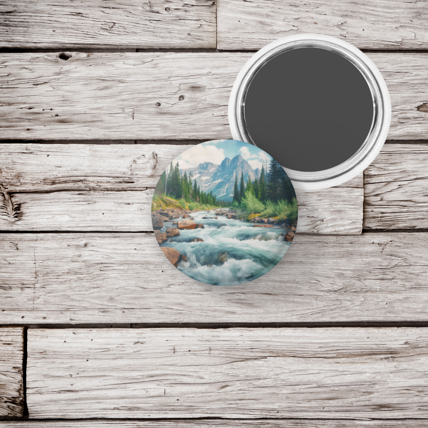 Rushing Water River 2 Pin Back Button, Magnet, Keychain