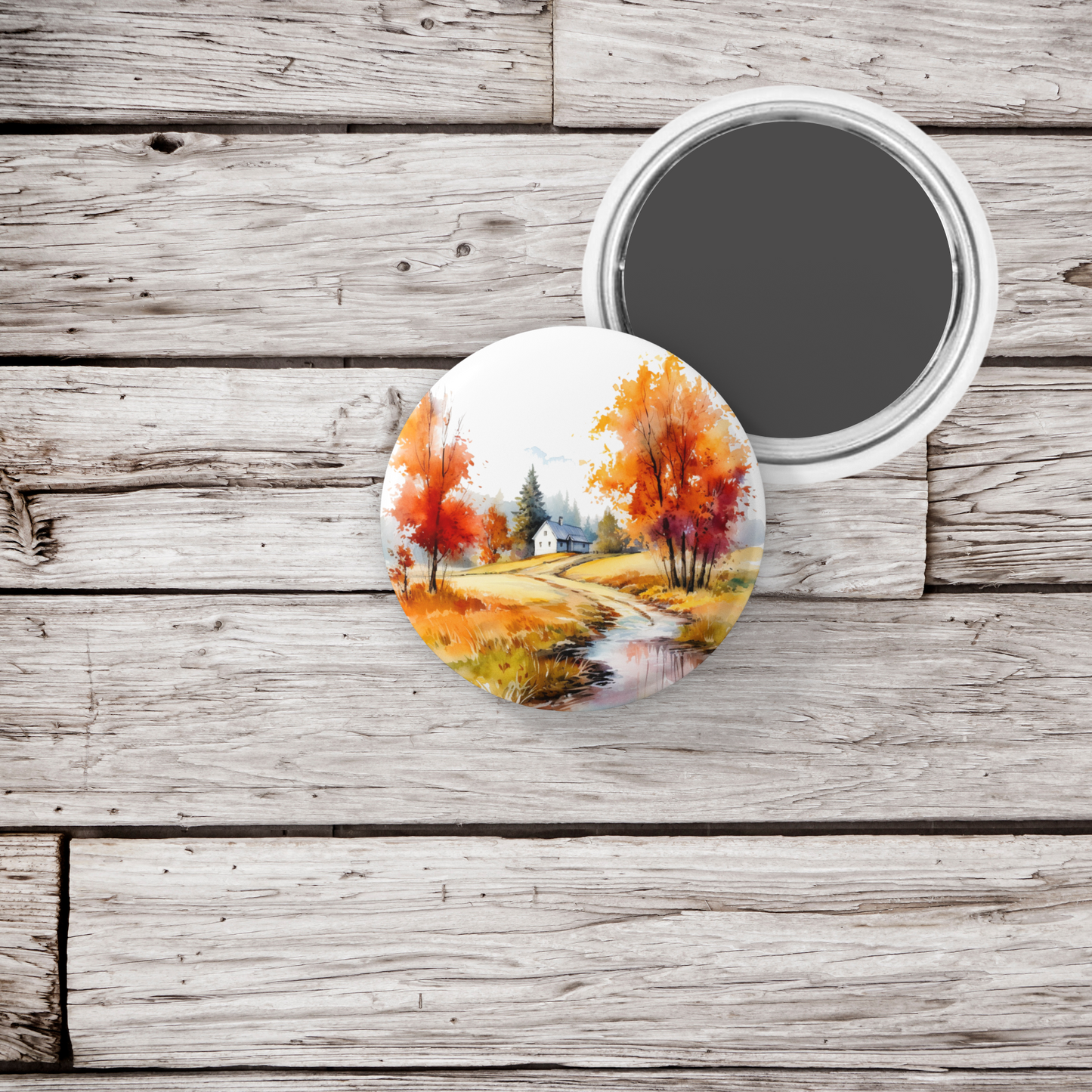 Fall Landscape Pin Back Button, Magnet, Keychain