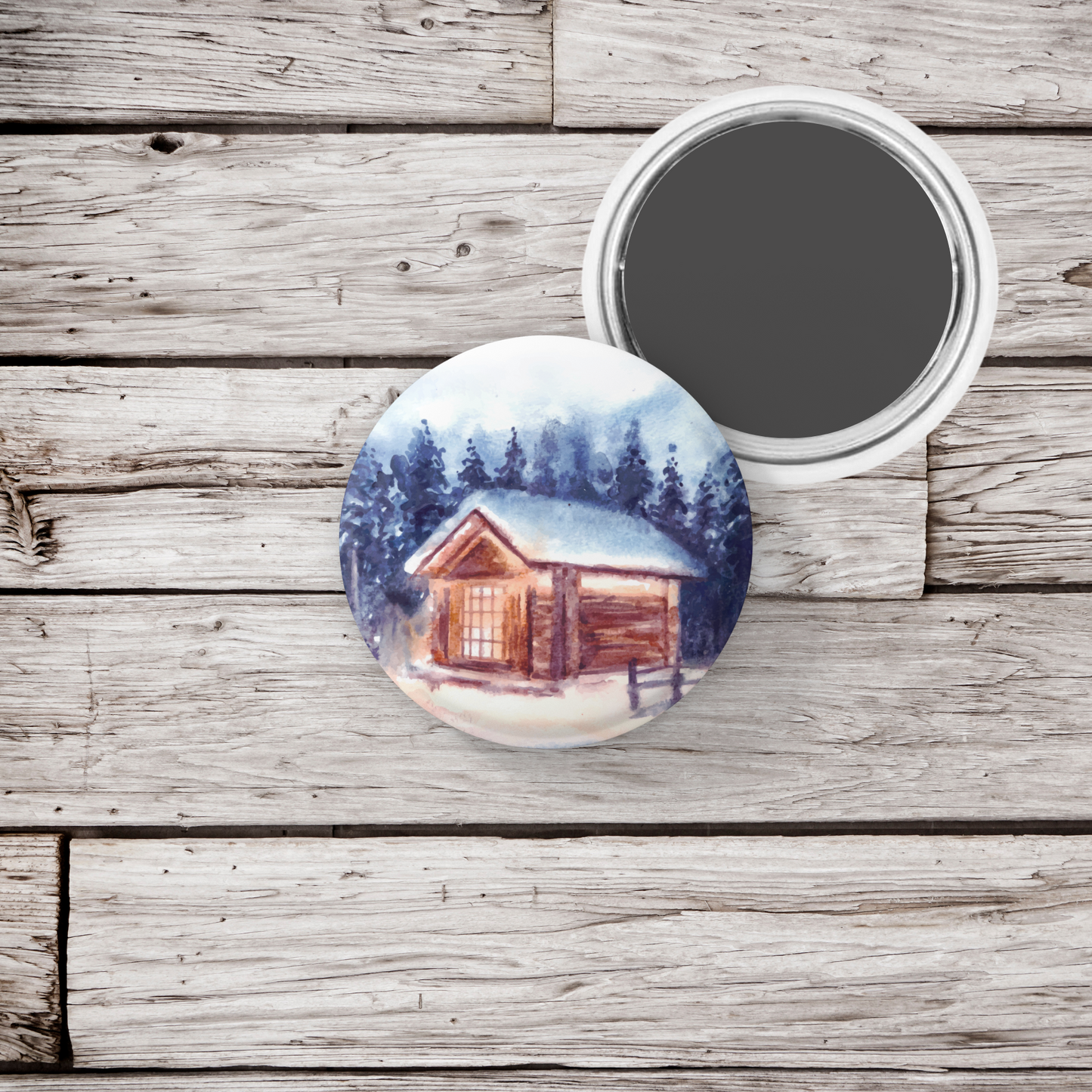 Winter Cabin Pin Back Button, Magnet, Keychain