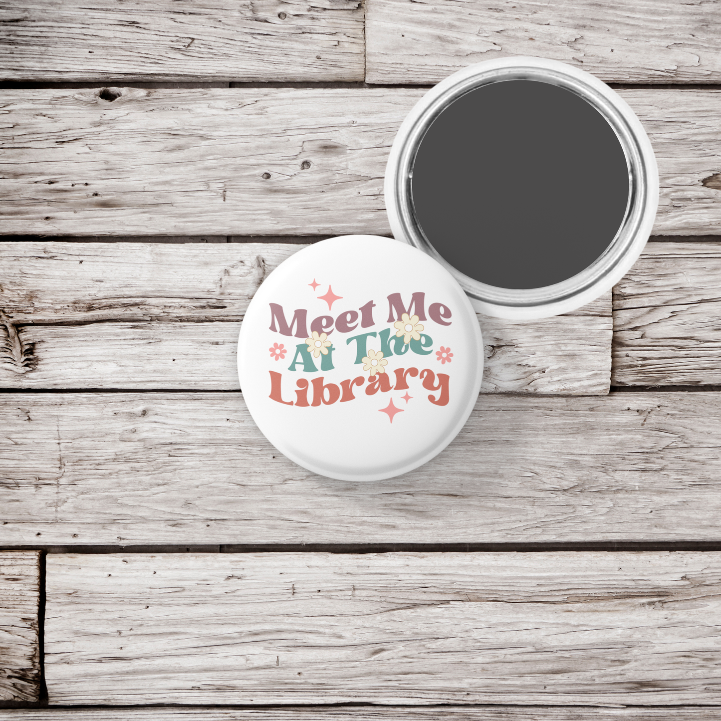 Meet Me At The Library Pin Back Button, Magnet