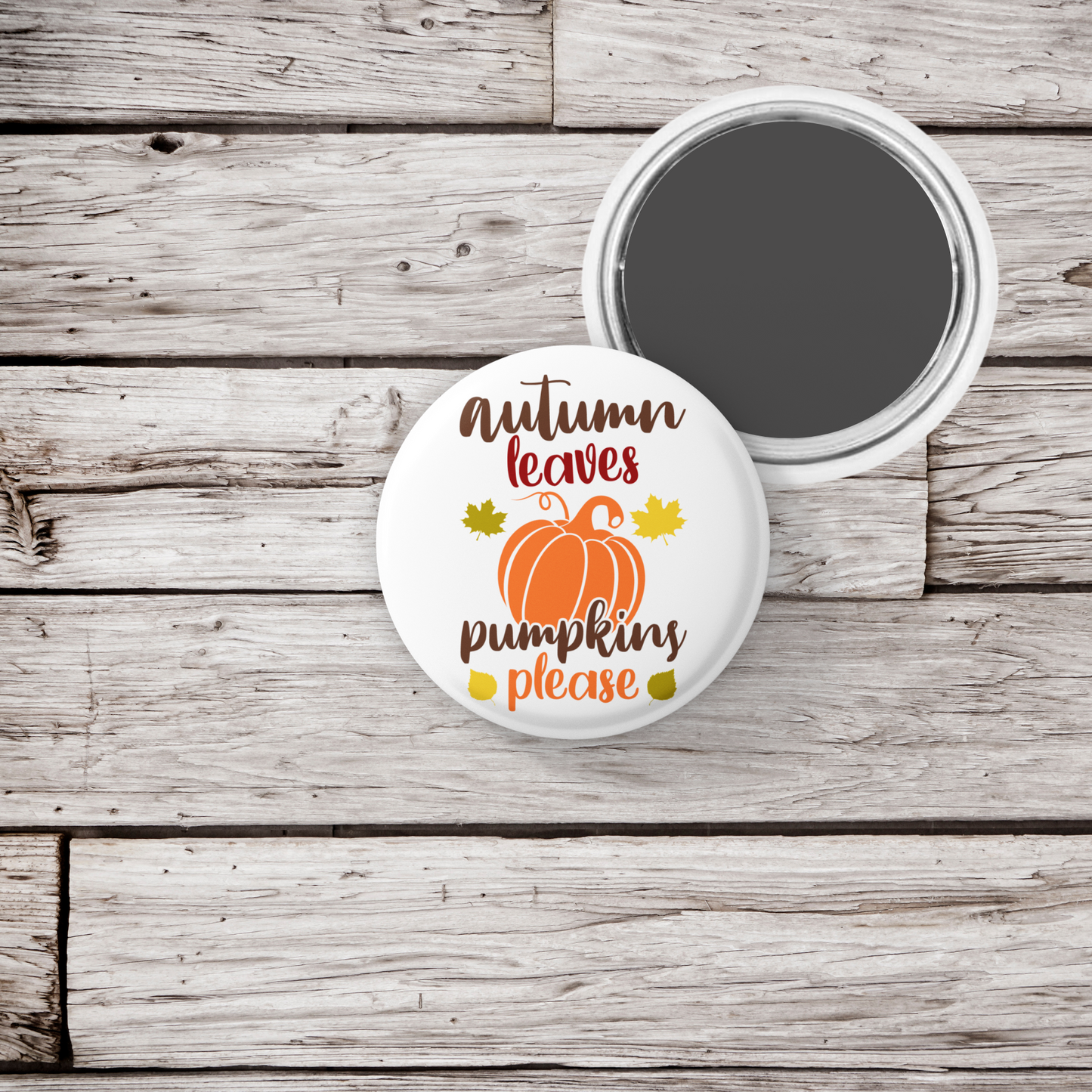 Autumn Leaves Pumpkins Please Pin Back Button, Magnet, Keychain