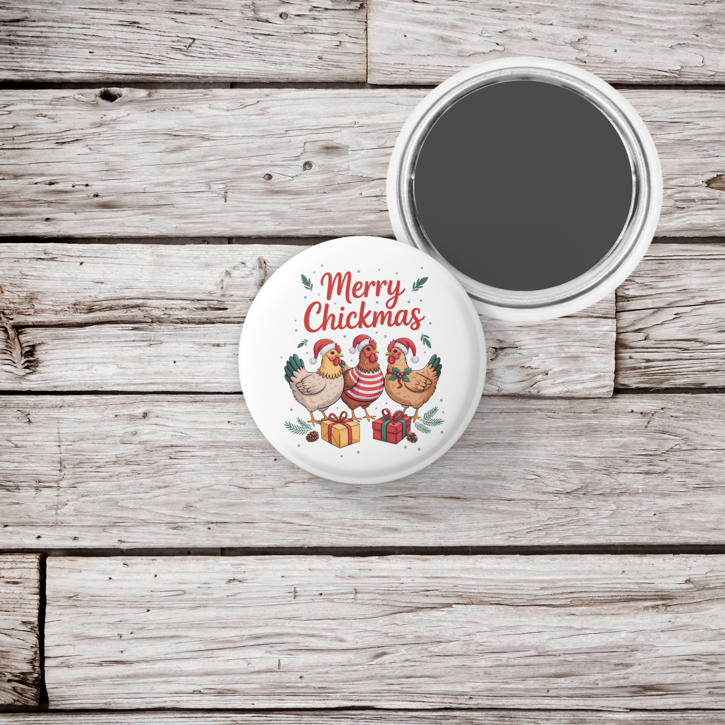 Merry Chickmas Pin Back Button, Magnet