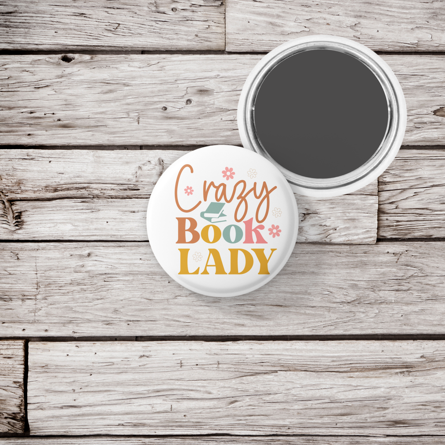 Crazy Book Lady Pin Back Button, Magnet