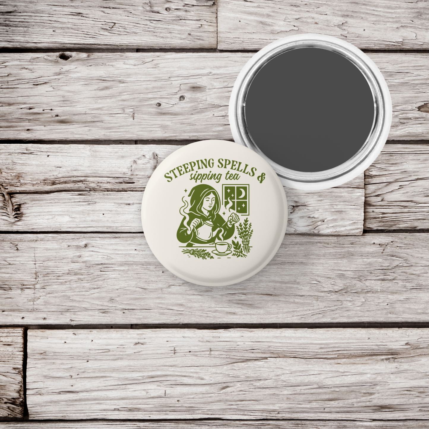 Steeping Spells & Sipping Tea Pin Back Button, Magnet