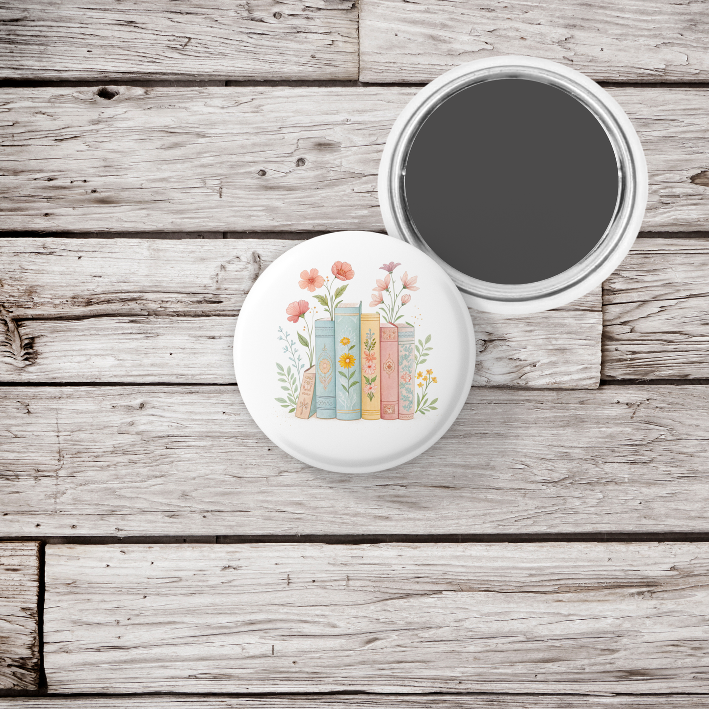 Floral Books Pin Back Button, Magnet