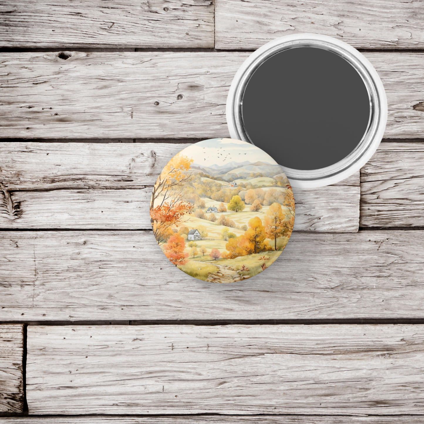 Country Fall Landscape 13 Pin Back Button, Magnet