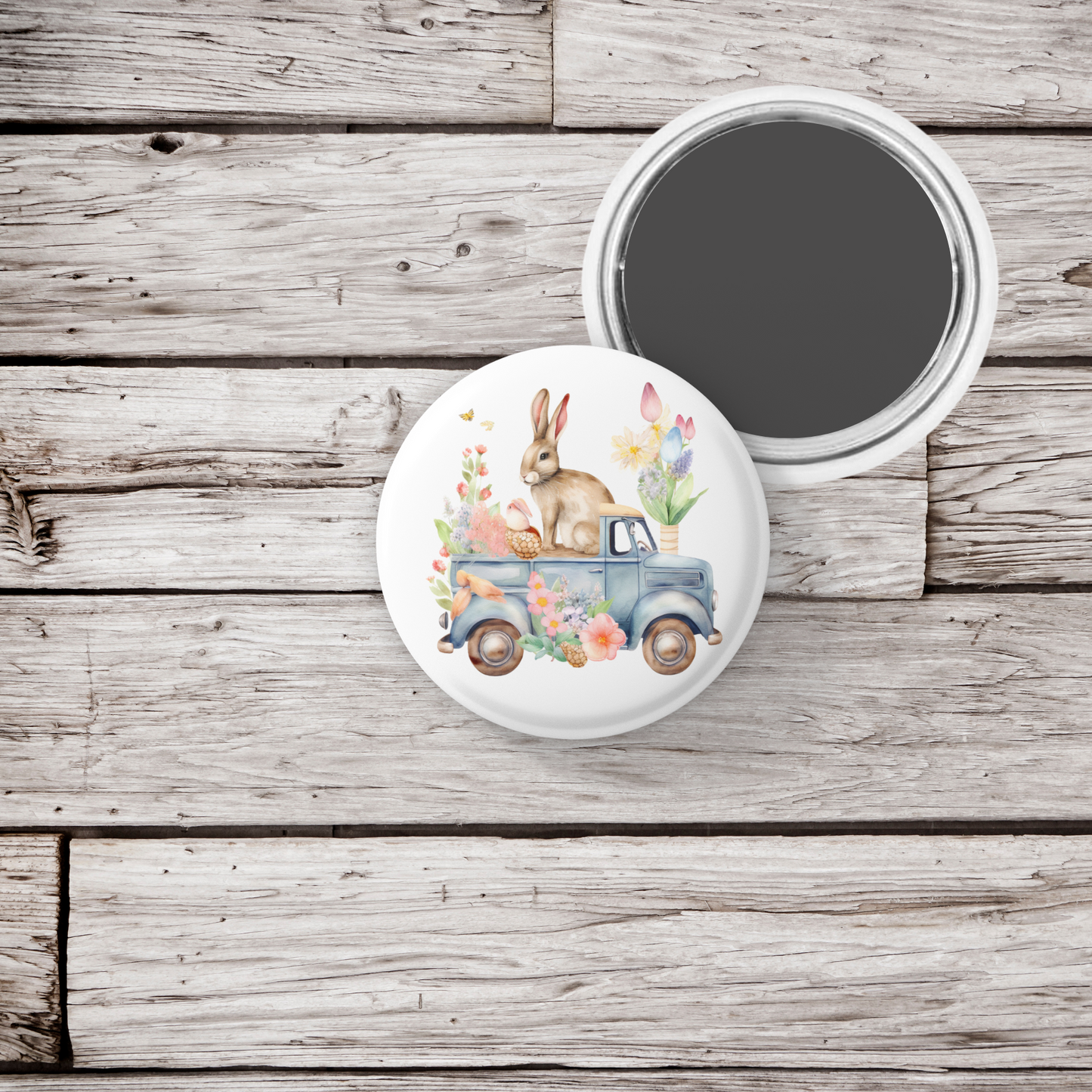 Easter Bunny Truck Pin Back Button, Magnet, Keychain