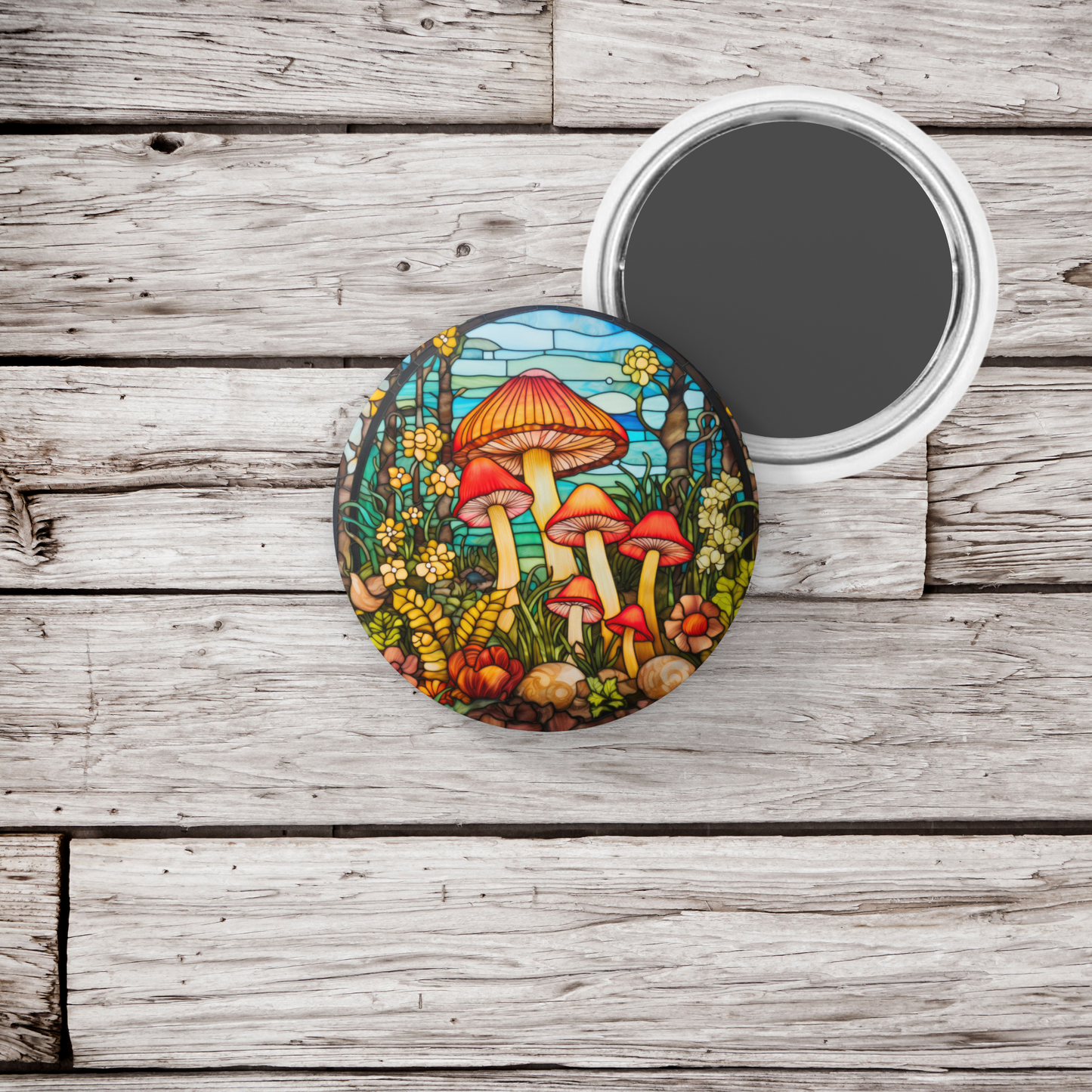 Stained Glass Mushroom Pin Back Button, Magnet, Keychain