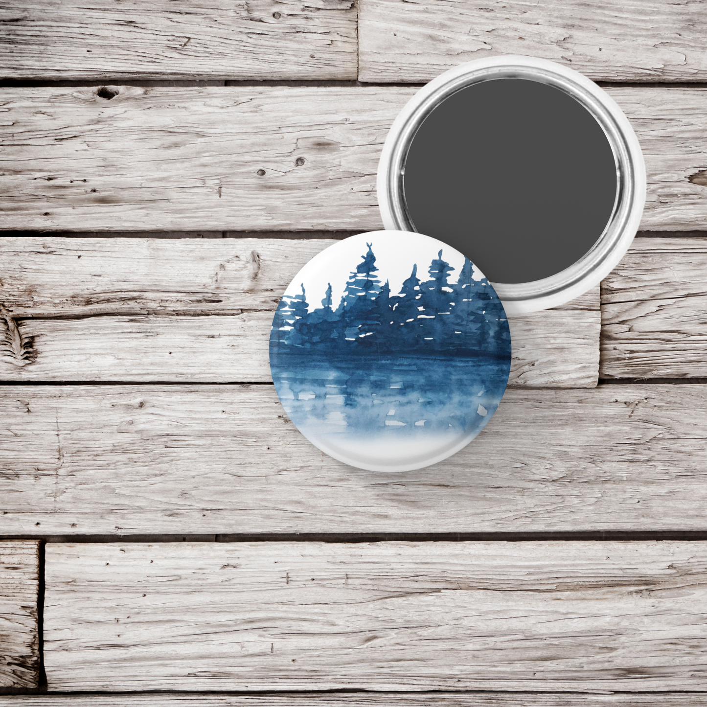 Blue Forest Landscape Pin Back Button, Magnet