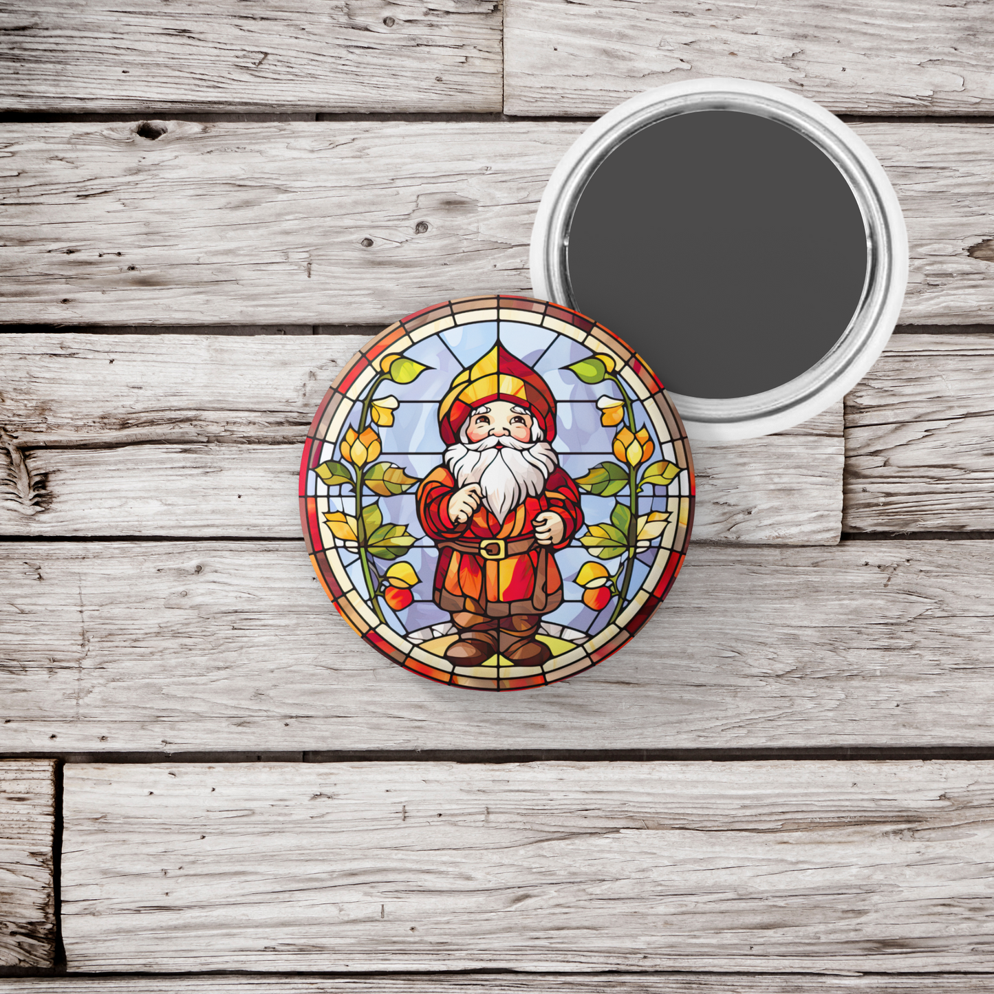 Stained Glass Gnome Pin Back Button, Magnet, Keychain