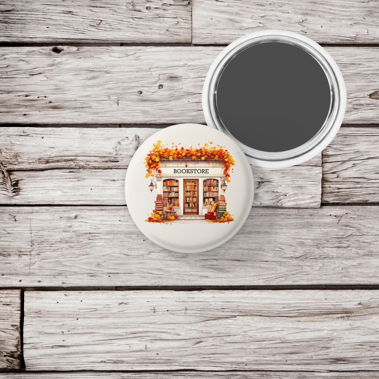 Fall Bookstore Pin Back Button, Magnet