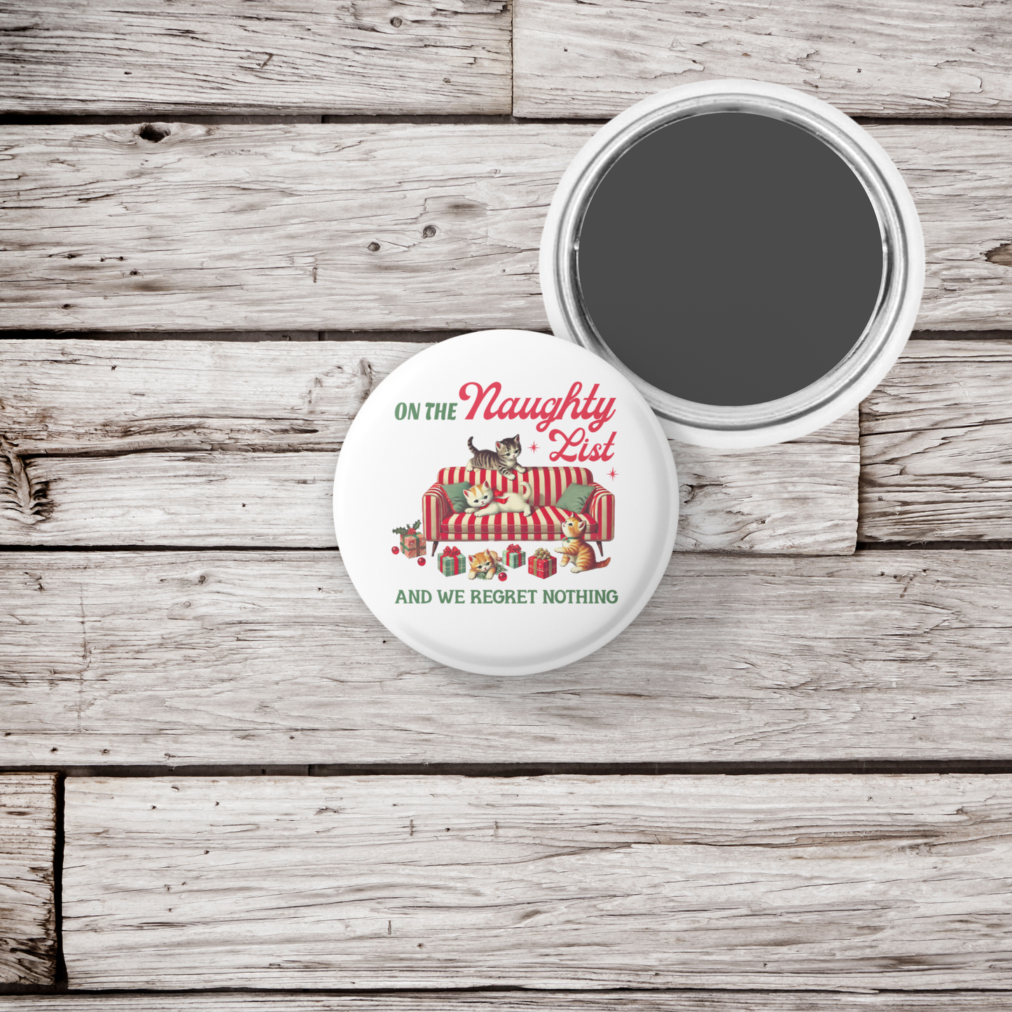 On The Naughty List Cats Pin Back Button, Magnet