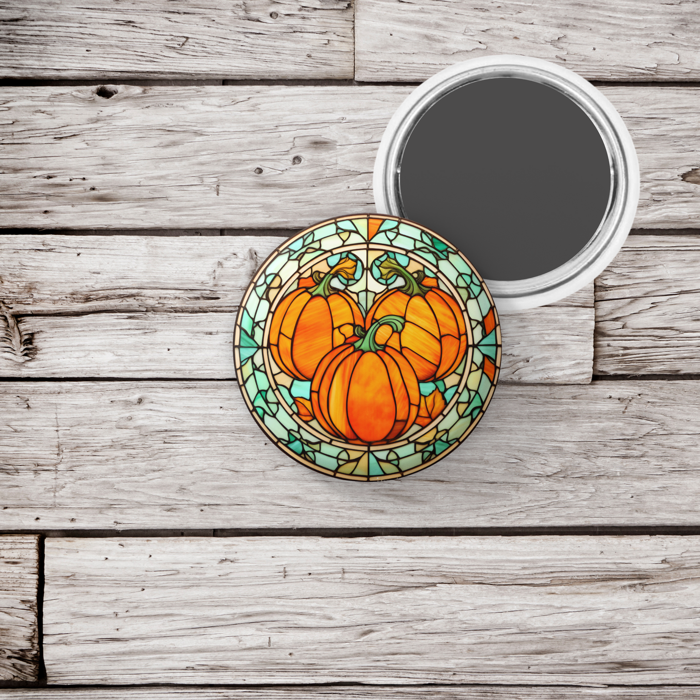 Stained Glass Pumpkin Pin Back Button, Magnet, Keychain