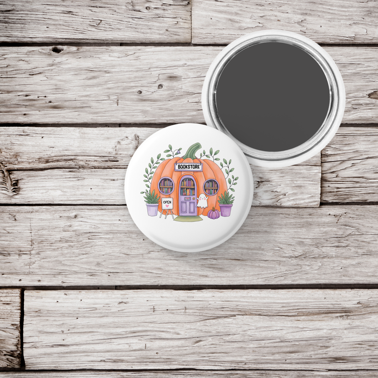 Pumpkin Book Store Pin Back Button, Magnet