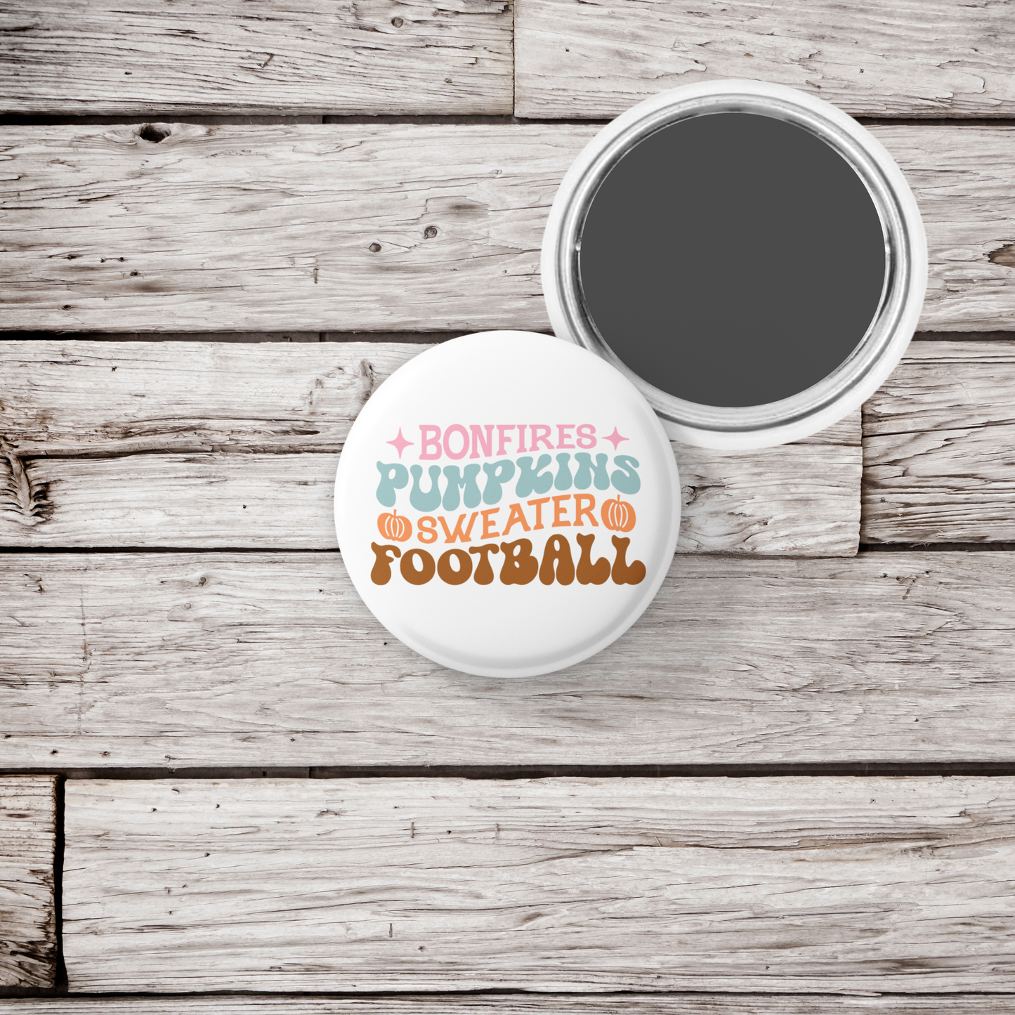 Bonfires Pumpkins Sweater Football Pin Back Button, Magnet
