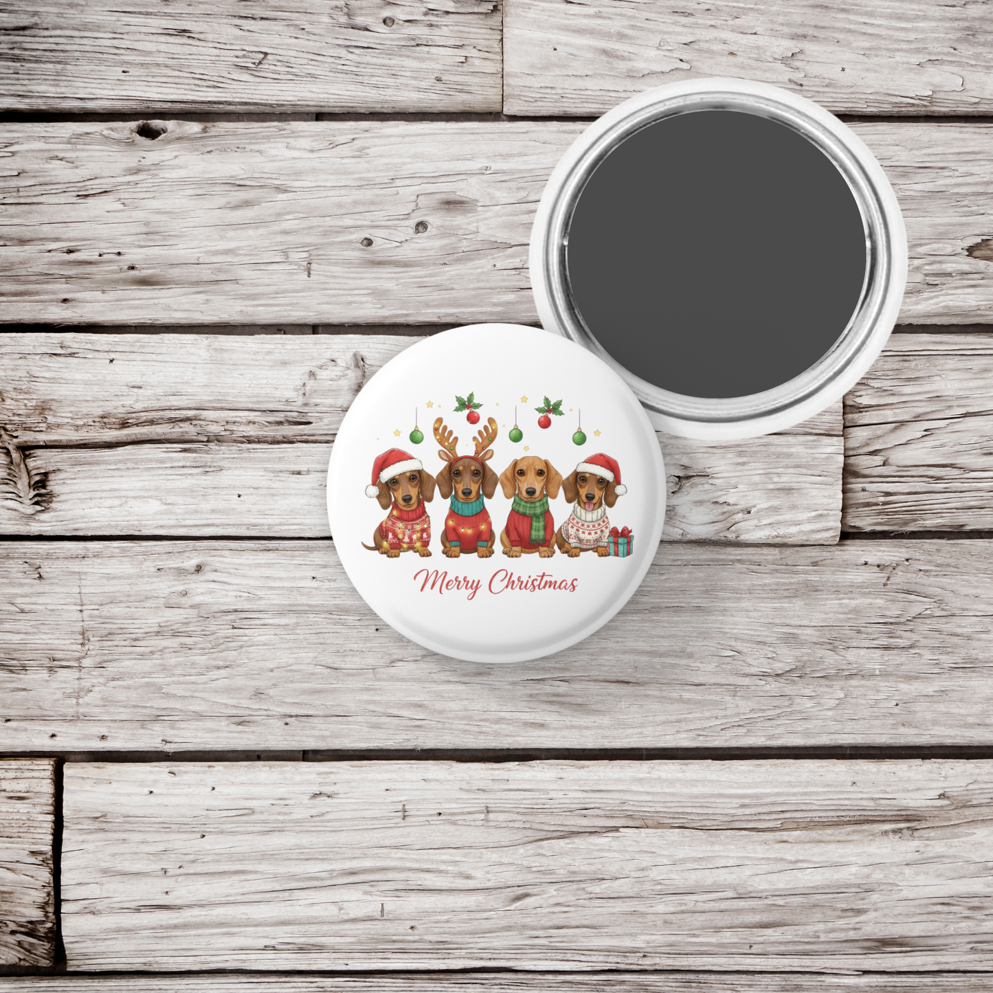 Merry Christmas Dachshund Pin Back Button, Magnet