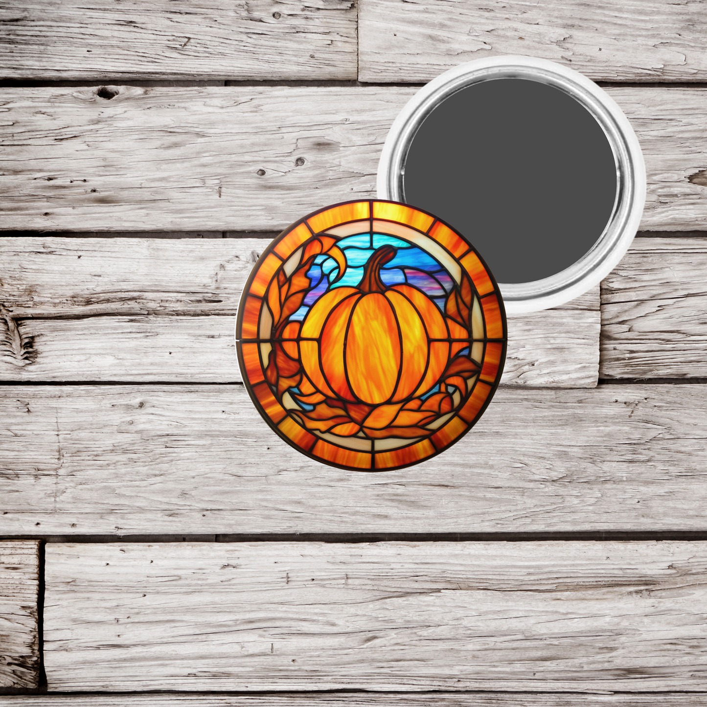 Stained Glass Pumpkin Pin Back Button, Magnet, Keychain