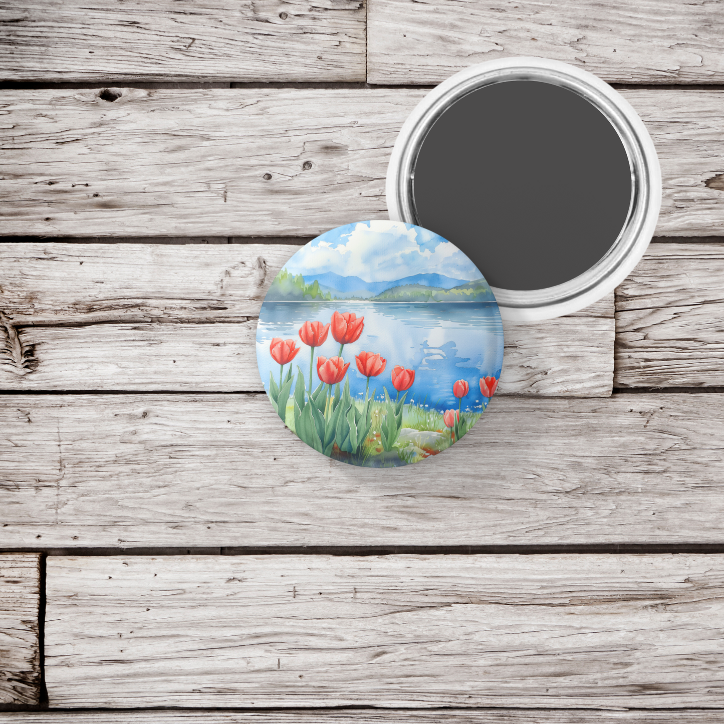 Tulip Lake Pin Back Button, Magnet, Keychain