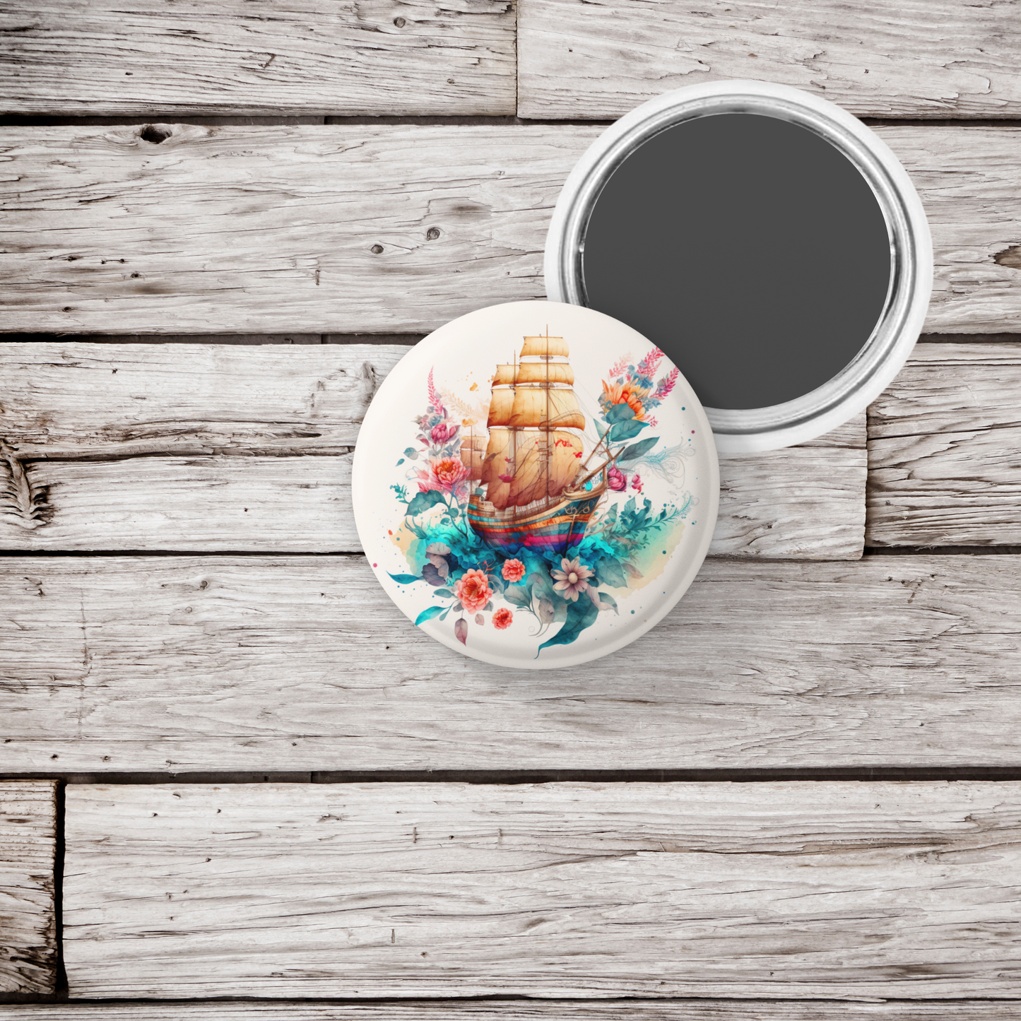 Floral Pirate Ship Pin Back Button, Magnet, Keychain