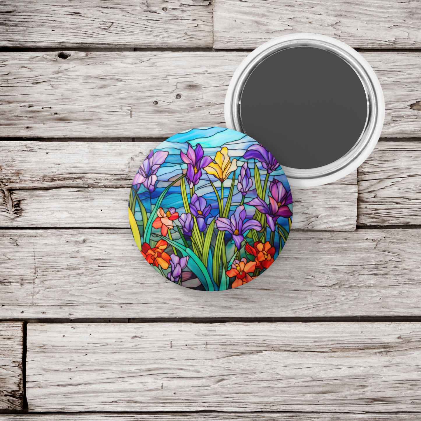 Stained Glass Flower Pin Back Button, Magnet, Keychain