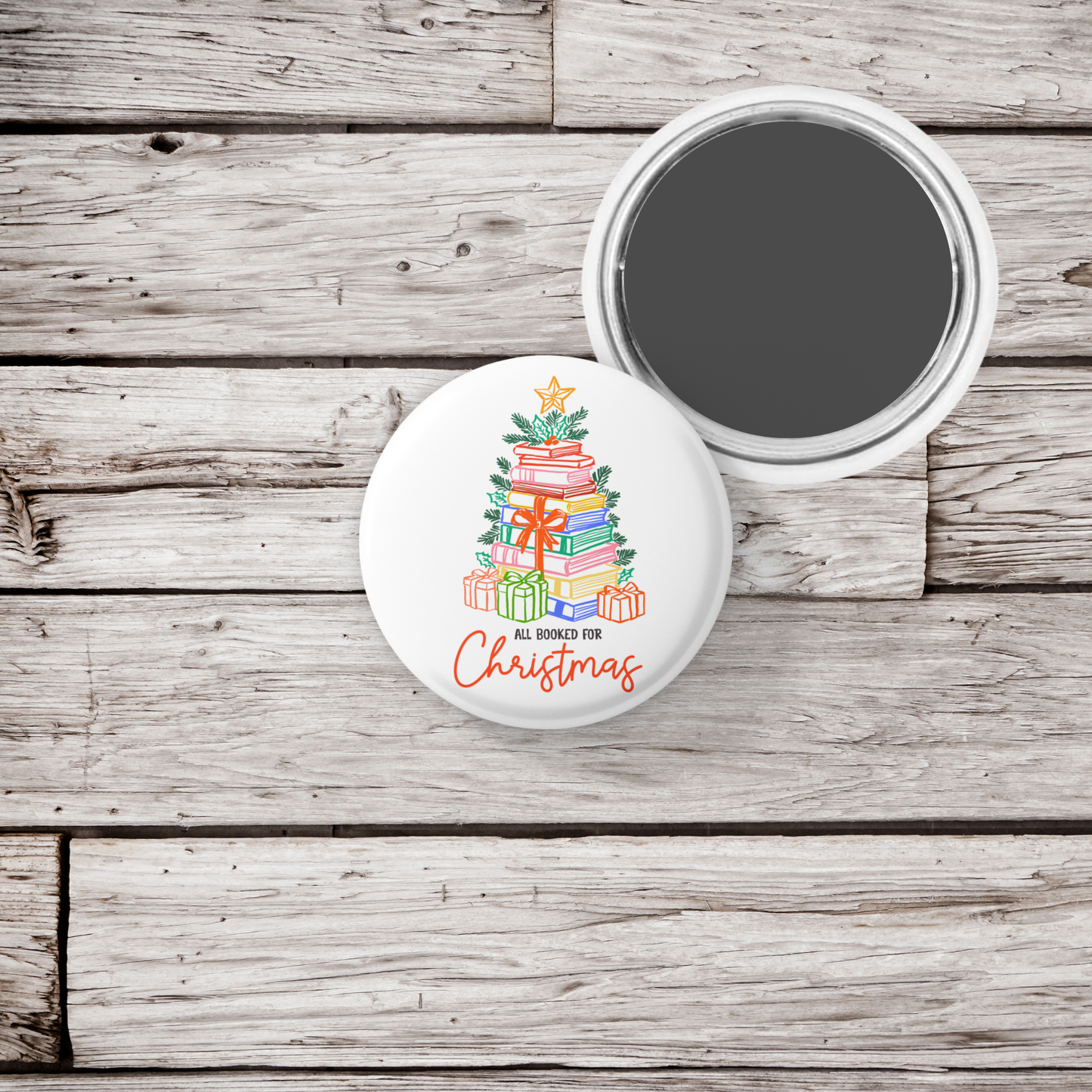 All Booked For Christmas Pin Back Button, Magnet