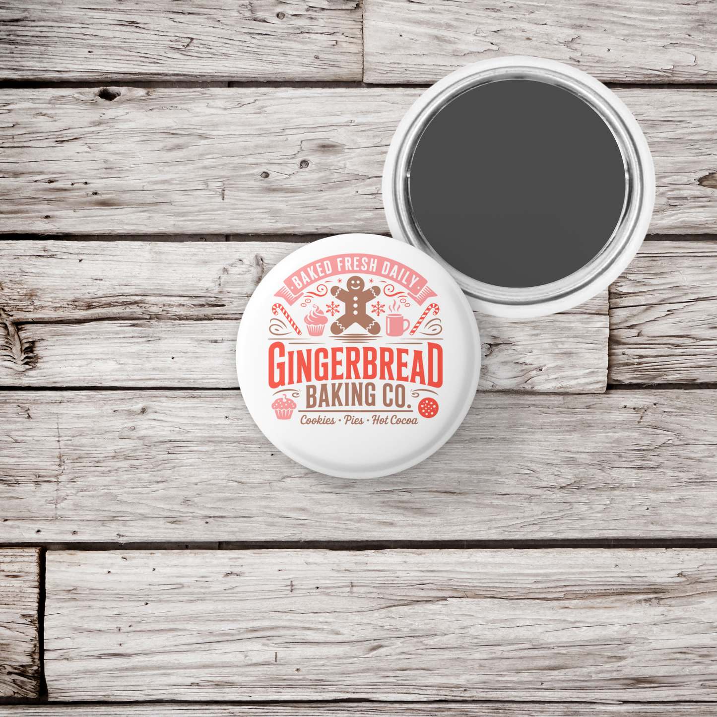 Gingerbread Baking Co Pin Back Button, Magnet