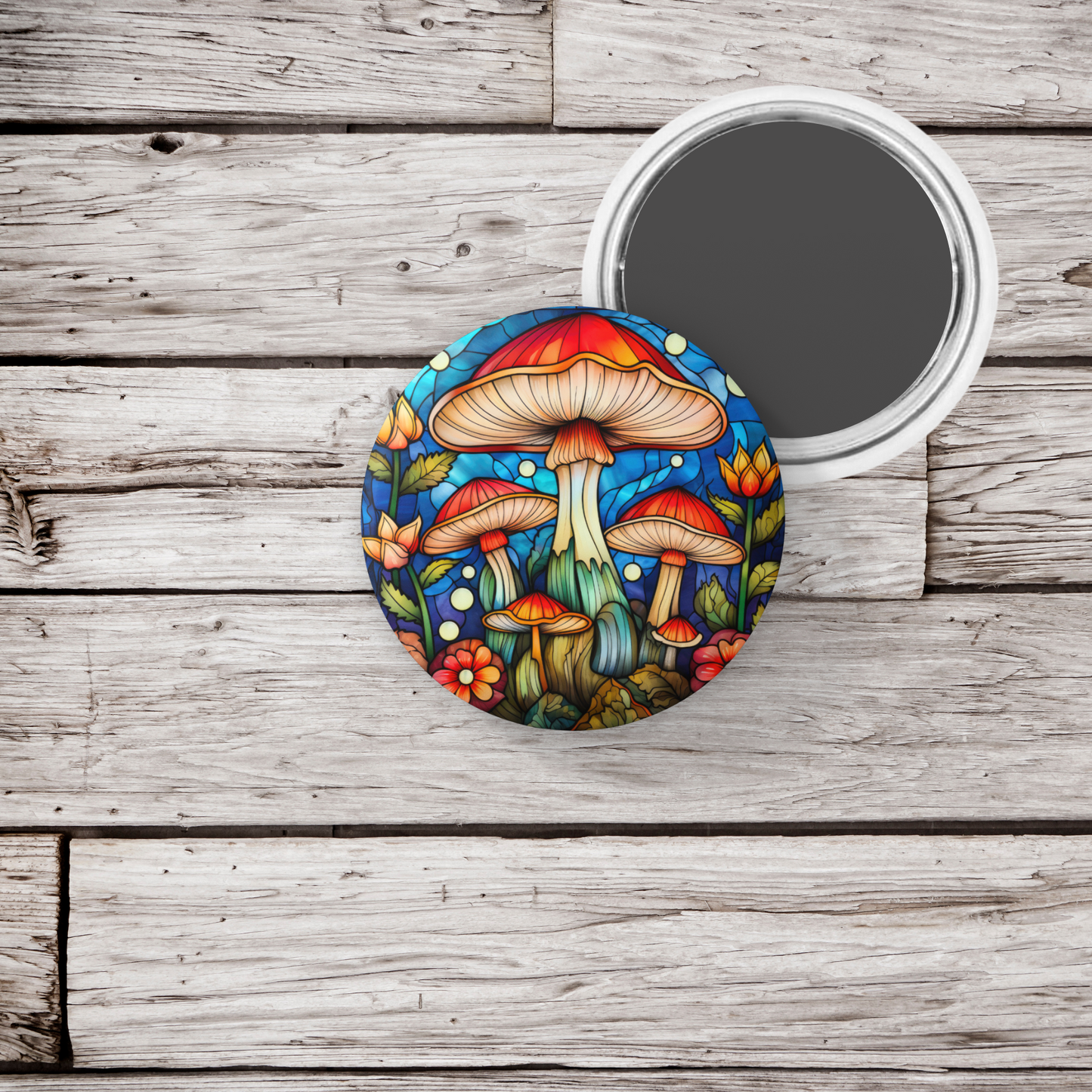 Stained Glass Mushroom Pin Back Button, Magnet, Keychain