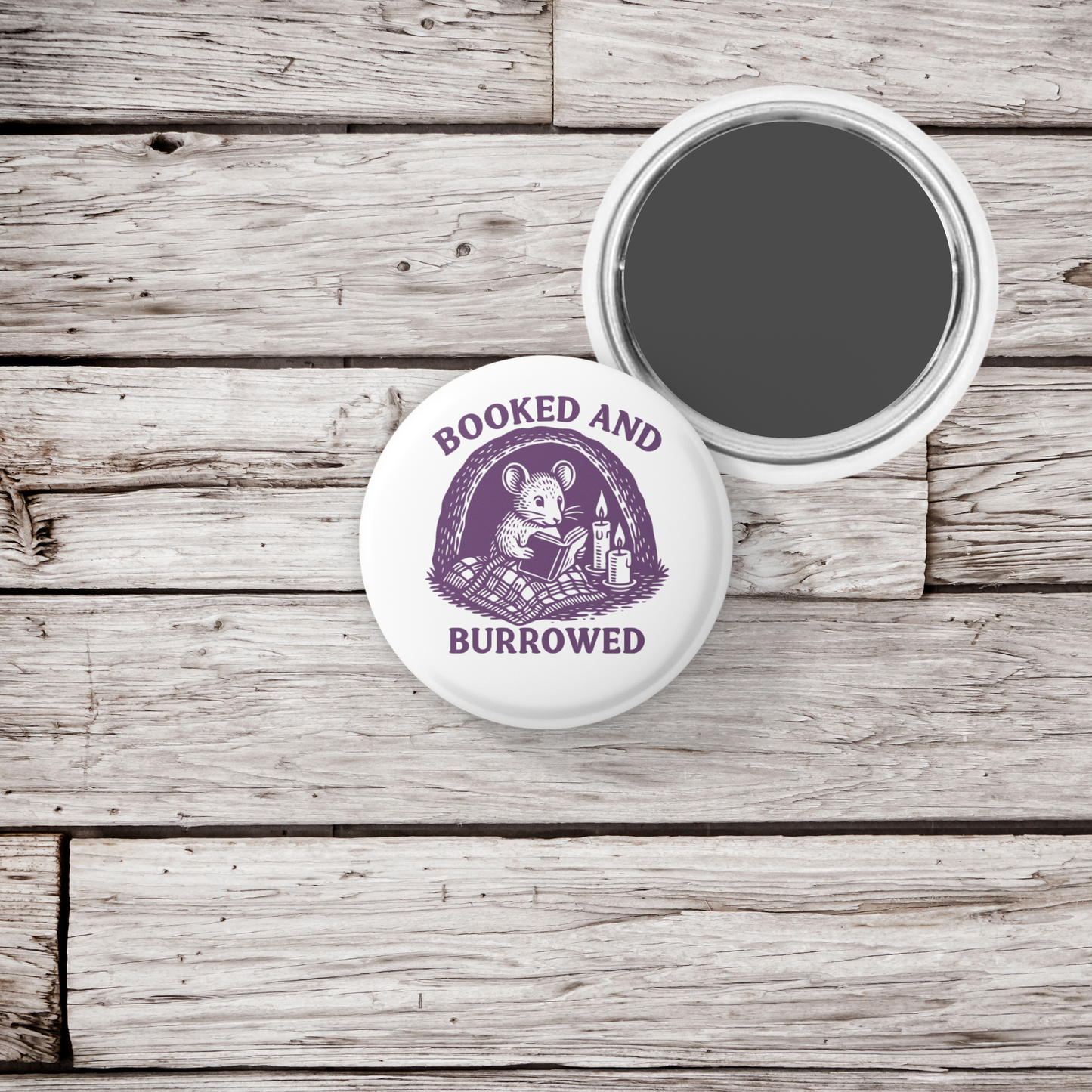 Booked and Burrowed Mouse Reading Pin Back Button, Magnet