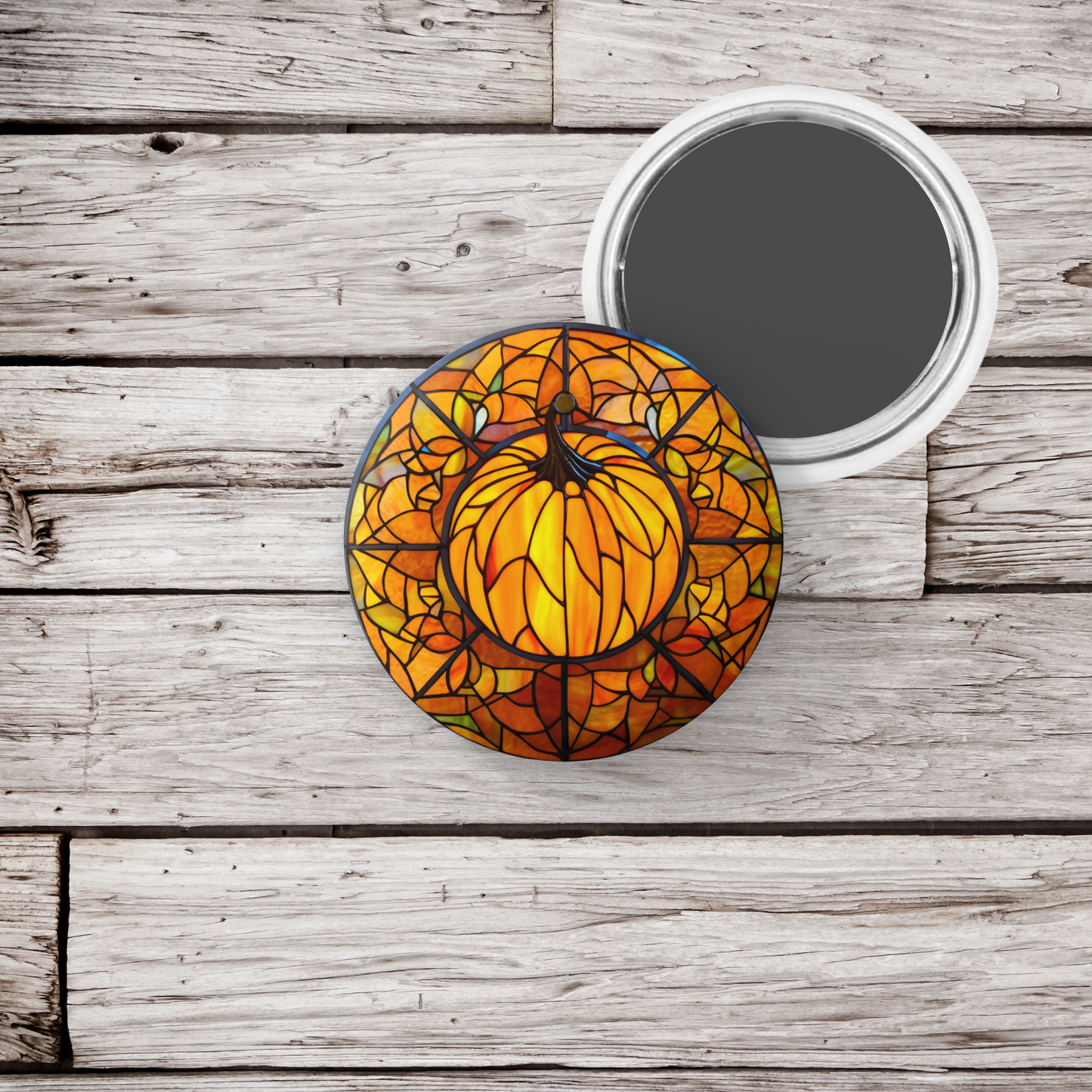 Stained Glass Pumpkin Pin Back Button, Magnet, Keychain