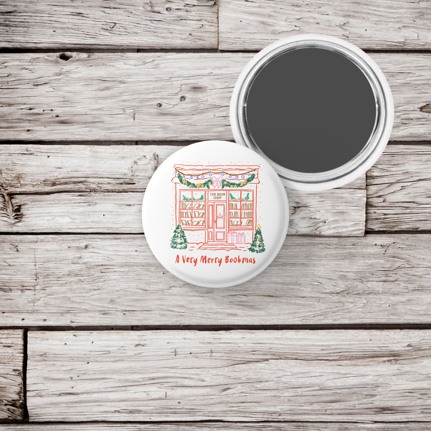 Christmas Bookshop Pin Pin Back Button, Magnet