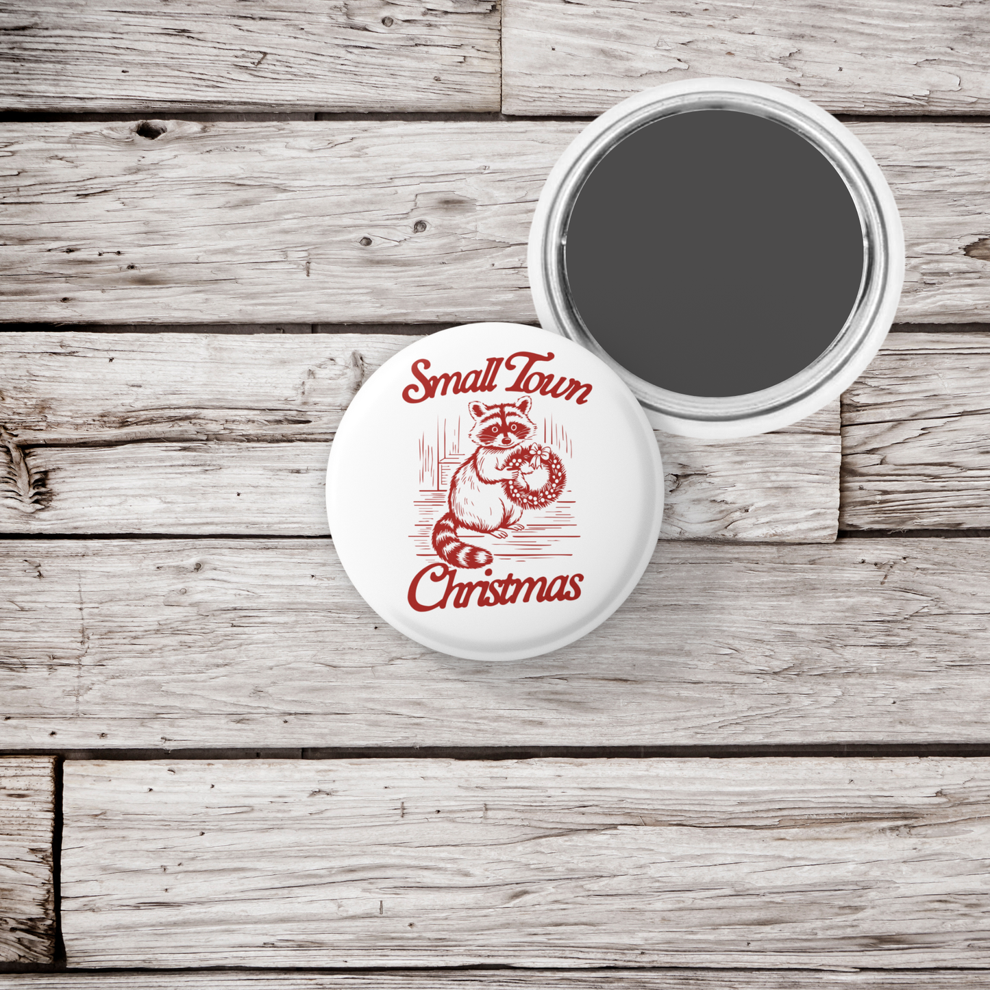 Small Town Christmas Raccoon Pin Back Button, Magnet