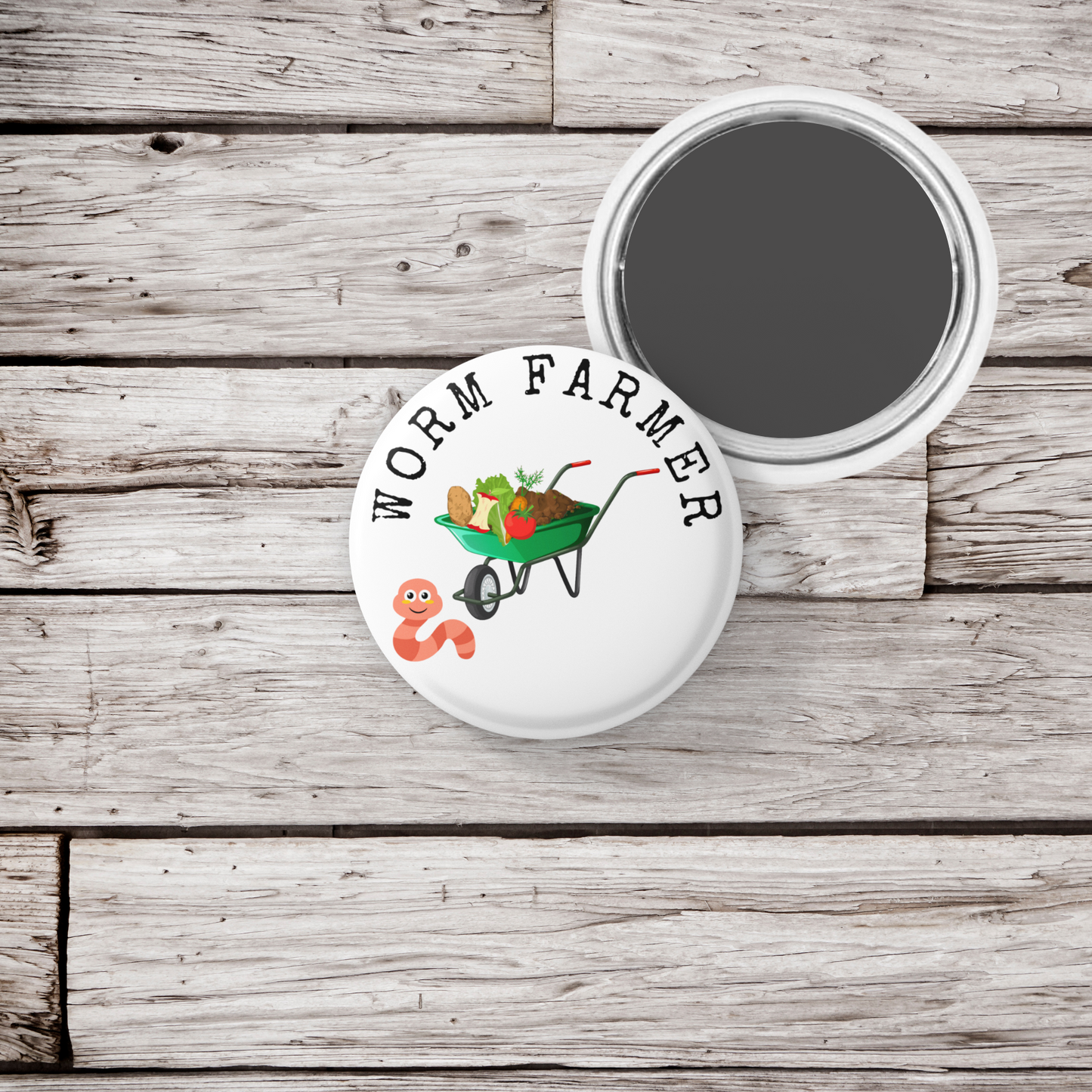 Worm Farmer Pin Back Button, Magnet, Keychain