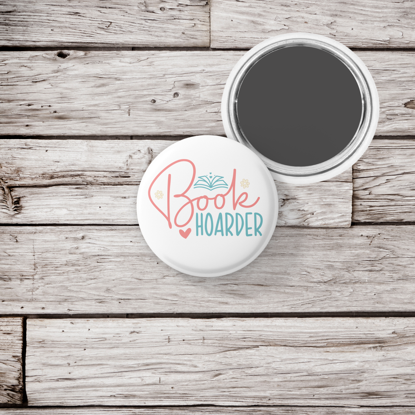 Book Hoarder Pin Back Button, Magnet