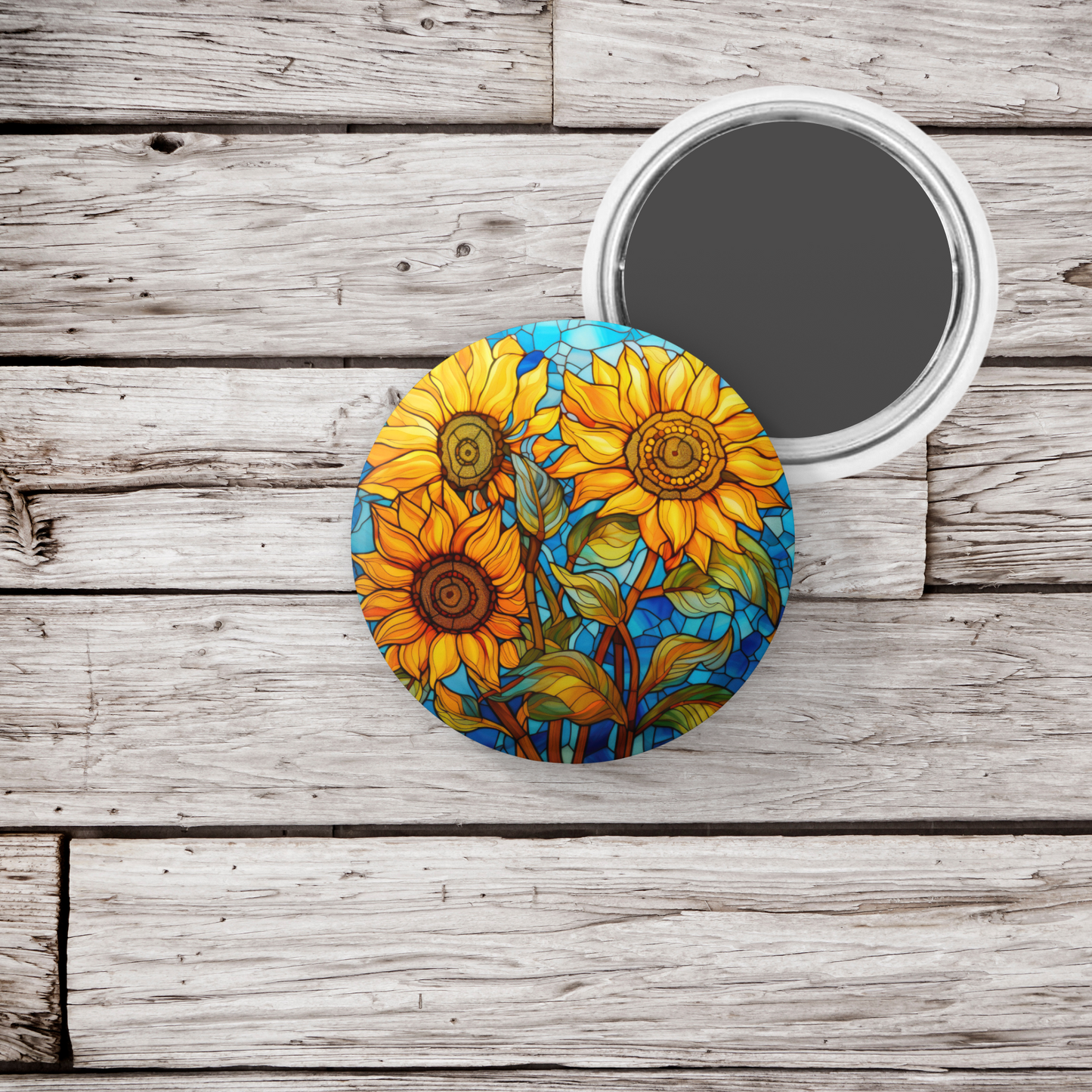 Stained Glass Sunflower Pin Back Button, Magnet, Keychain