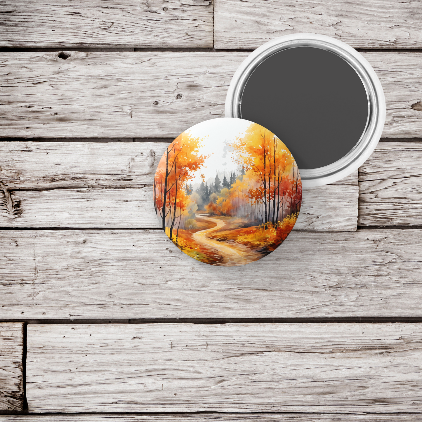 Fall Woods Landscape Pin Back Button, Magnet, Keychain