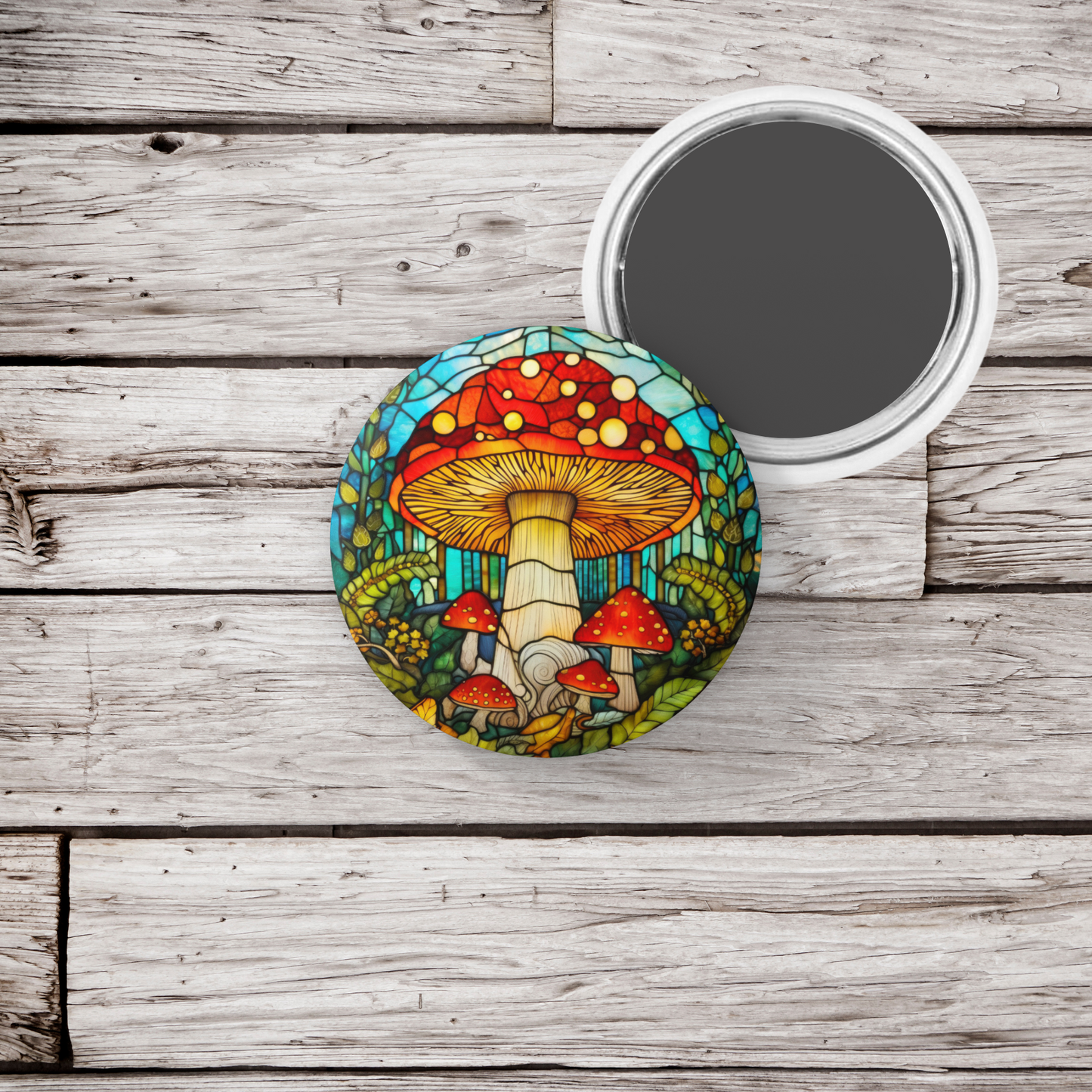 Stained Glass Mushroom Pin Back Button, Magnet, Keychain