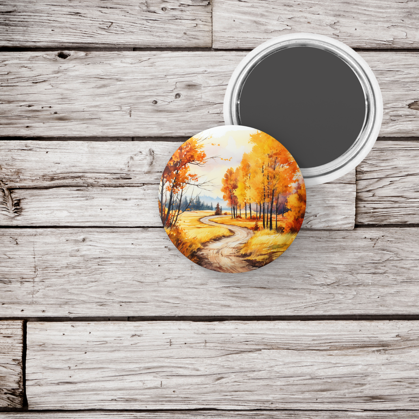 Fall Road Landscape Pin Back Button, Magnet, Keychain