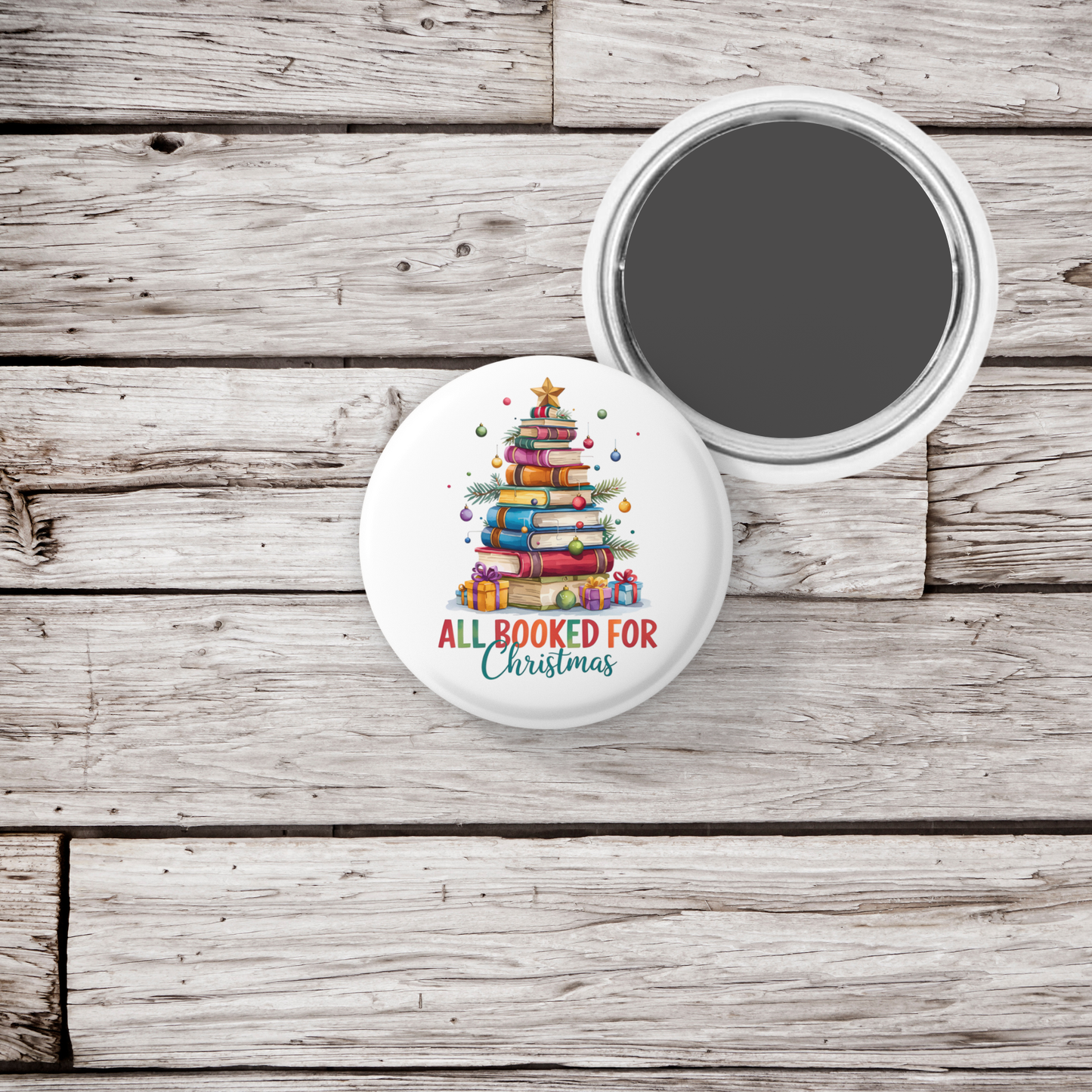 All Booked For Christmas Pin Back Button, Magnet